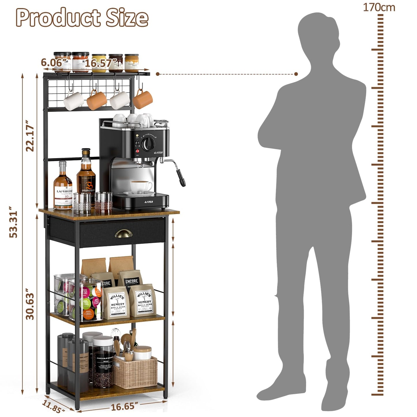 5 Tier Coffee Bar Station with Drawer, Kitchen Stand with 4 S-Shaped Hooks, Farmhouse Corner Coffee Bar Cabinet for Small Spaces, Bakers Rack for Kitchen, Living Room, 13.43" D x 18.93" W x 53.31" H