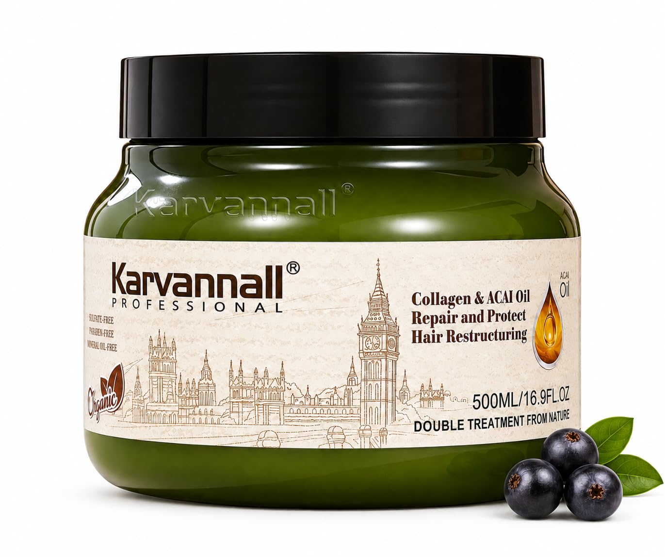 Karvannall Collagen with Acai Oil Hair Treatment Mask 16.9 fl oz - Damage Repair Hair Treatment Cream for Dry, Damaged & Color-Treated Hair, Sulfate & Paraben-Free 500 ml