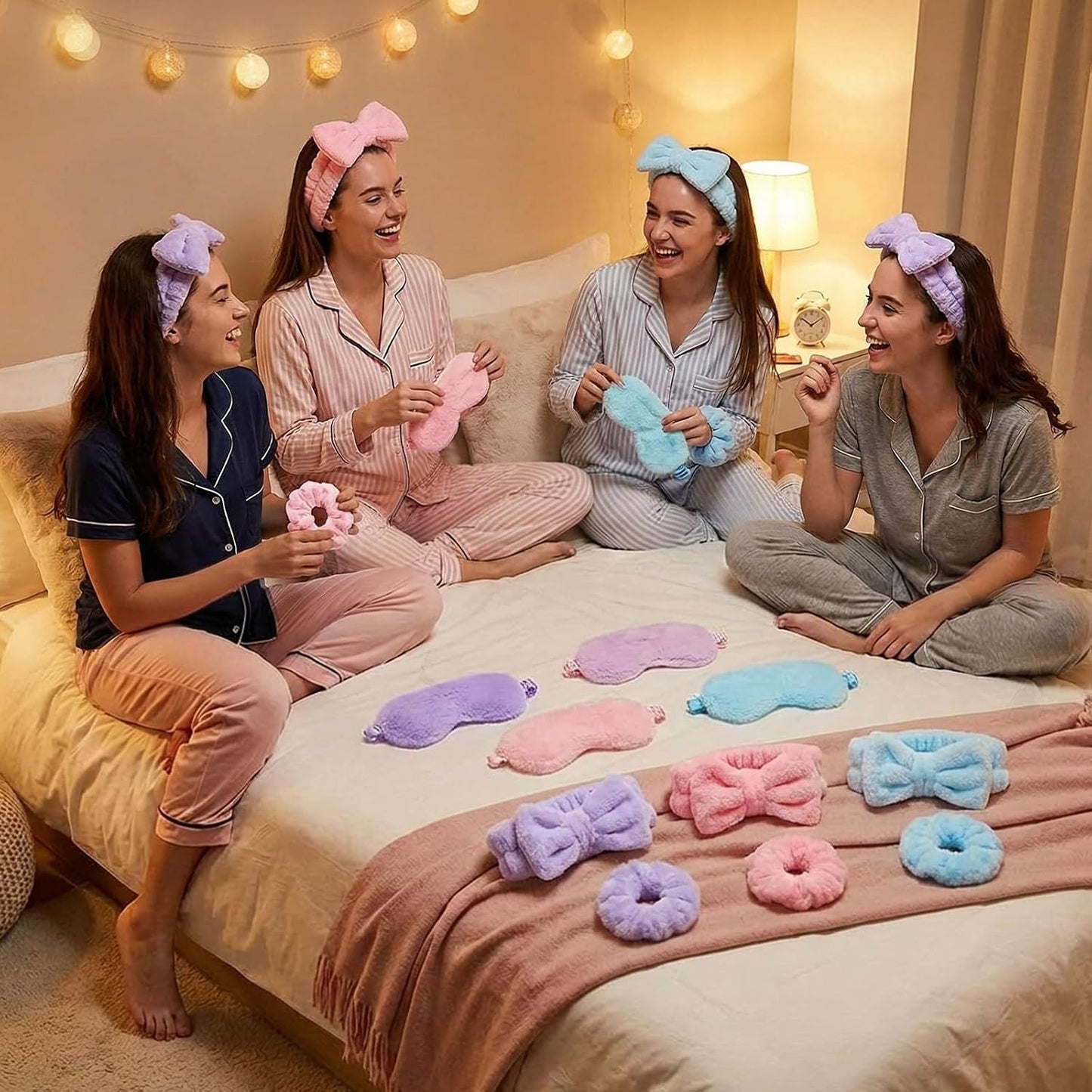 Mimorou Spa Party Supplies Set - 48 Pieces with Headbands, Eye Masks & Scrunchies | Pink, Blue, Purple