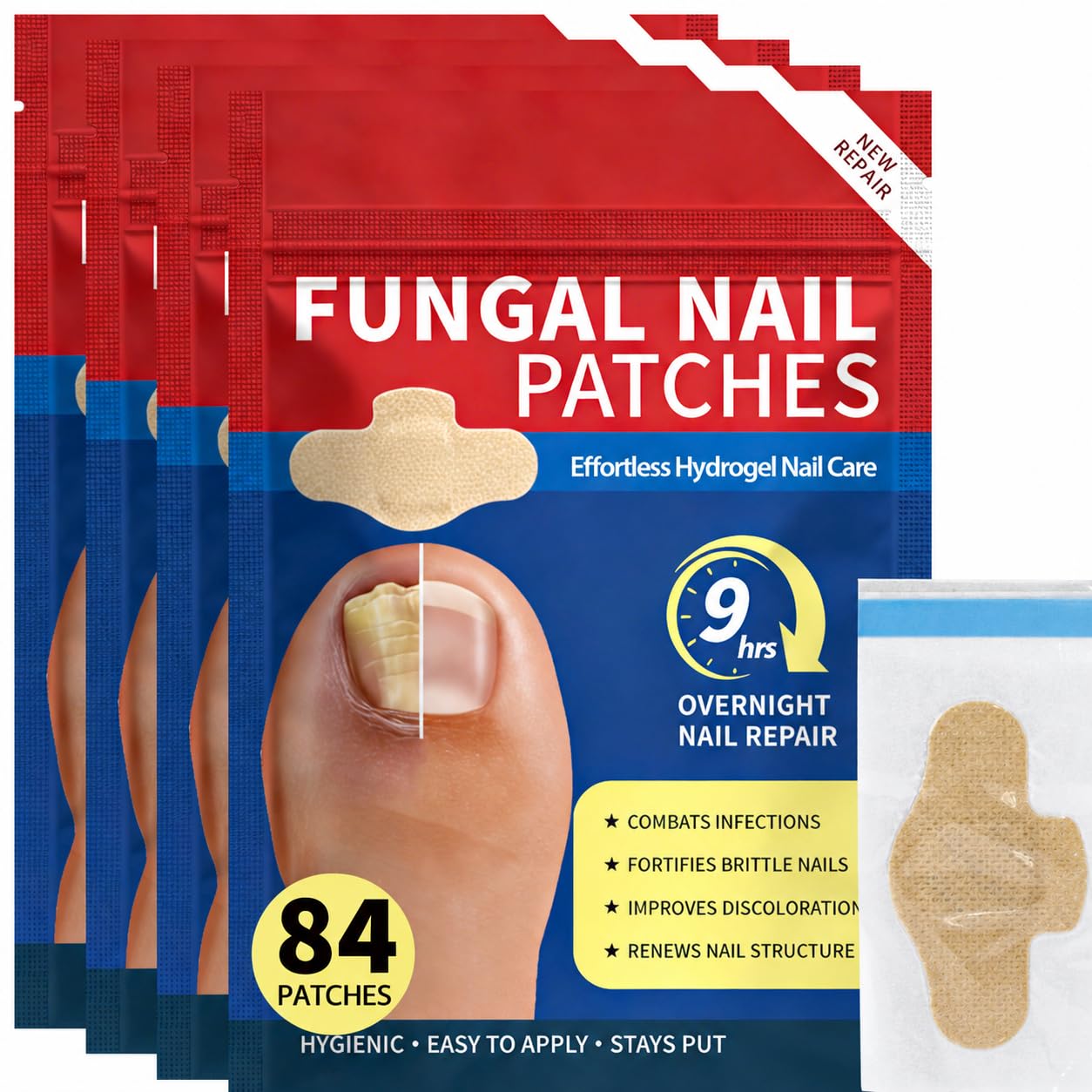 Fungal Nail Patches - 4 Pack Toenail Repair Patches for Discolored & Damaged Nails | 84 Count, 9-Hour Adhesion