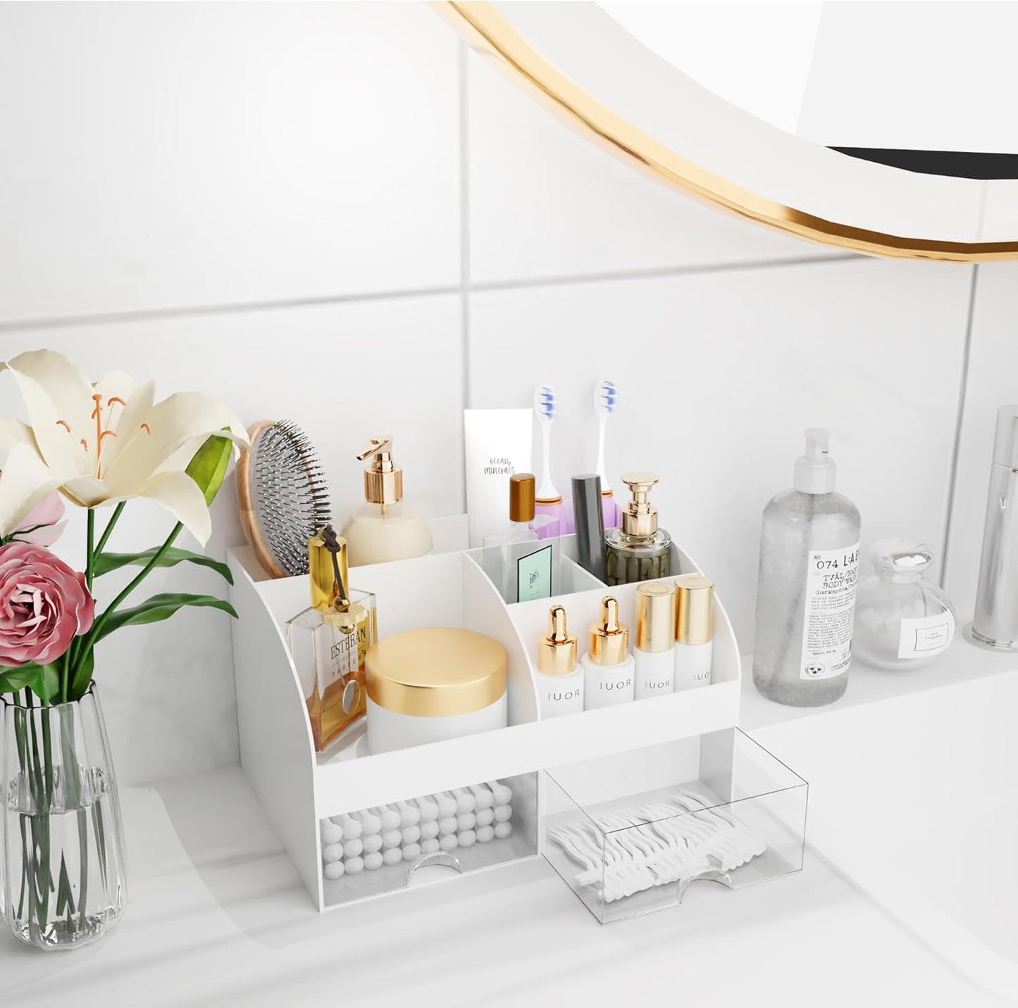 Makeup Organizer - Cosmetic Storage with Drawers for Vanity & Bathroom | White Beauty Holder for Lipstick & Brushes