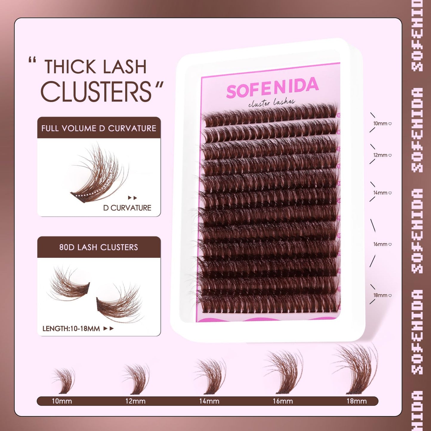 SOFENIDA Brown Lash Clusters Dark Brown 80D Individual Cluster Lashes 10-18mm Volume Eyelash Extension Cluster Eyelash Extensions 3D Thick Lash Clusters Wispy Lashes Clusters(Brown 80D-10-18MIX)