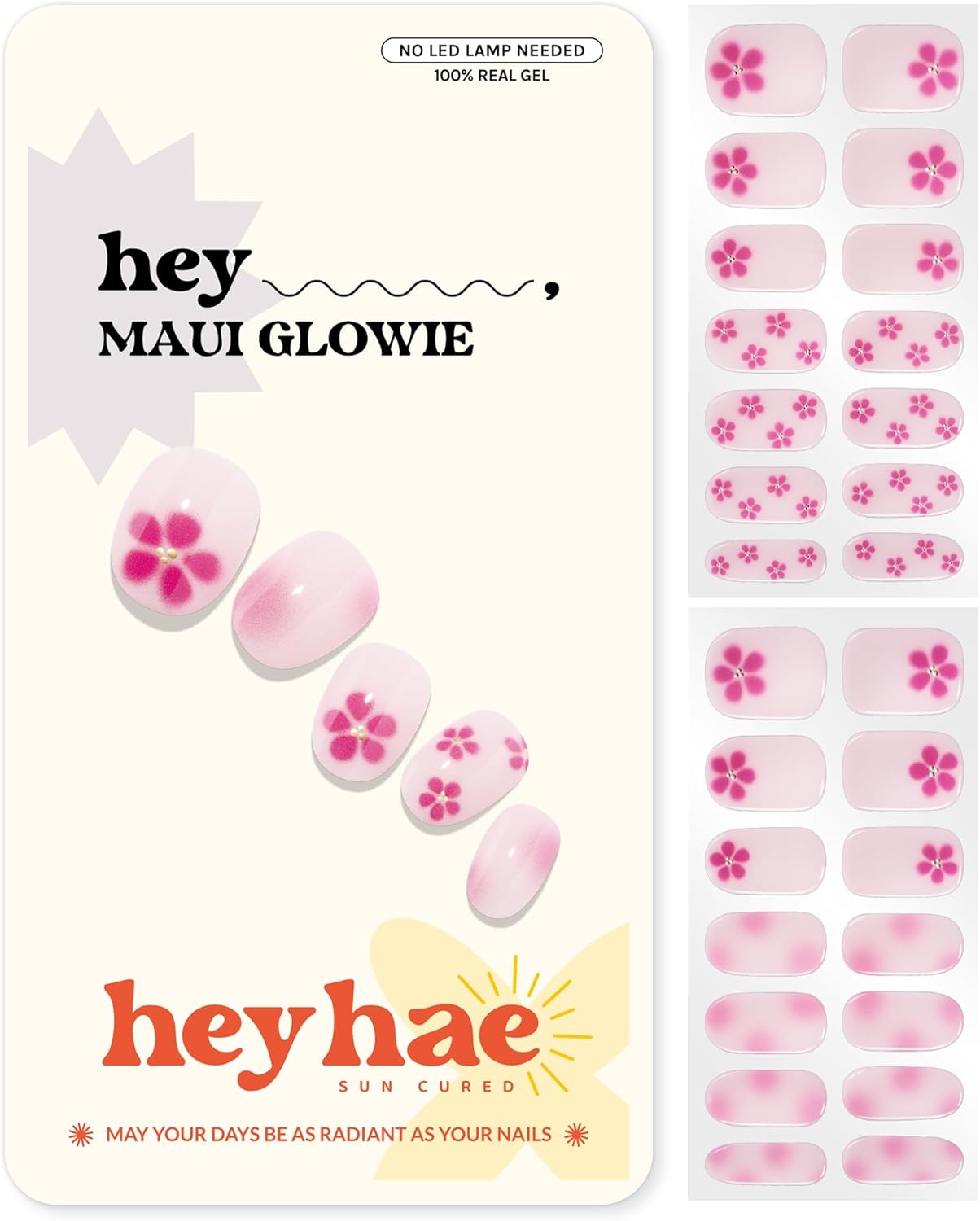 Heyhae Semi Cured Gel Nail Strips - Pink Floral Design, Easy Application | 28 Strips, Prep Pads & Nail File Included