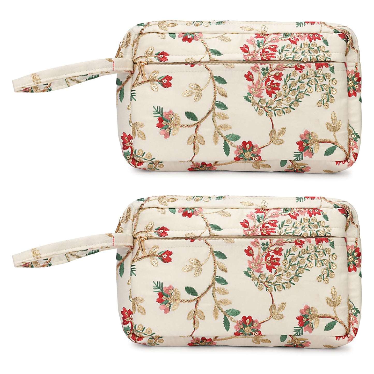 LONGING TO BUY Floral Embroidered Cosmetic Pouch, Make Up Organizer Pouch for Women, Zip Pouch Combo for Multiple Use Wristlet Design (White Multi)