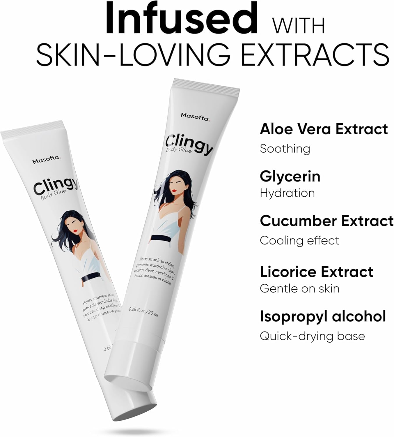Body Glue for Clothes & Skin - Sweat-Resistant Liquid Fashion Tape | Non-Irritating Adhesive for Strapless Dresses, Bras, & Wigs | 20ml