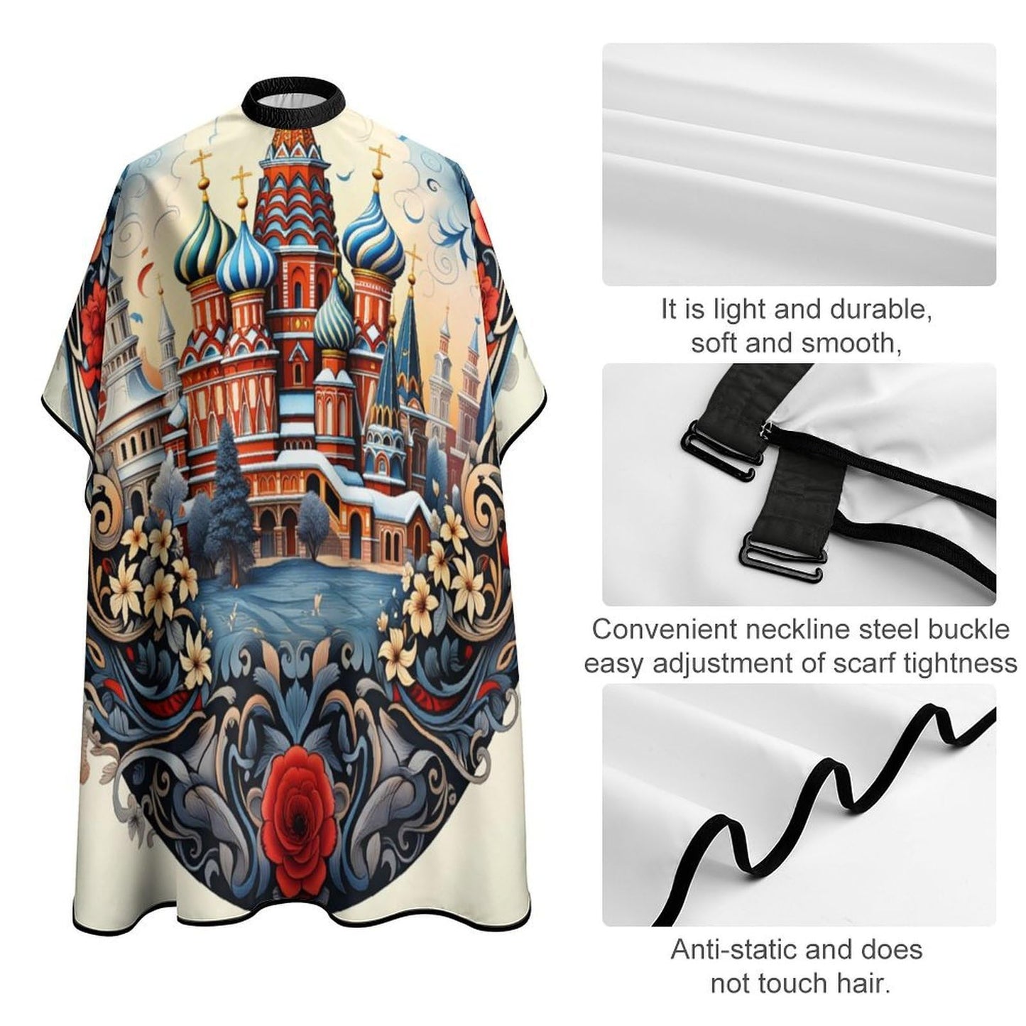 PGDFHGF Russian Cathedral Floral Frame Adult Barber Apron for Men Women, Soft Durable Hairdressing Cape with Adjustable Snap Closure for Home Use Barbershops Salons