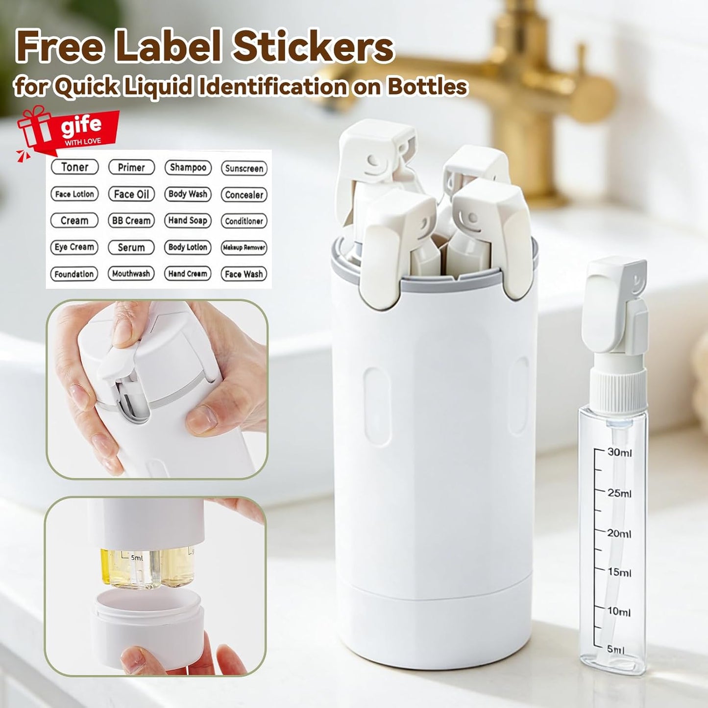 Travel Shampoo and Conditioner Dispenser - 4 in 1 Refillable Leak-Proof Toiletry Bottles | 120ML White