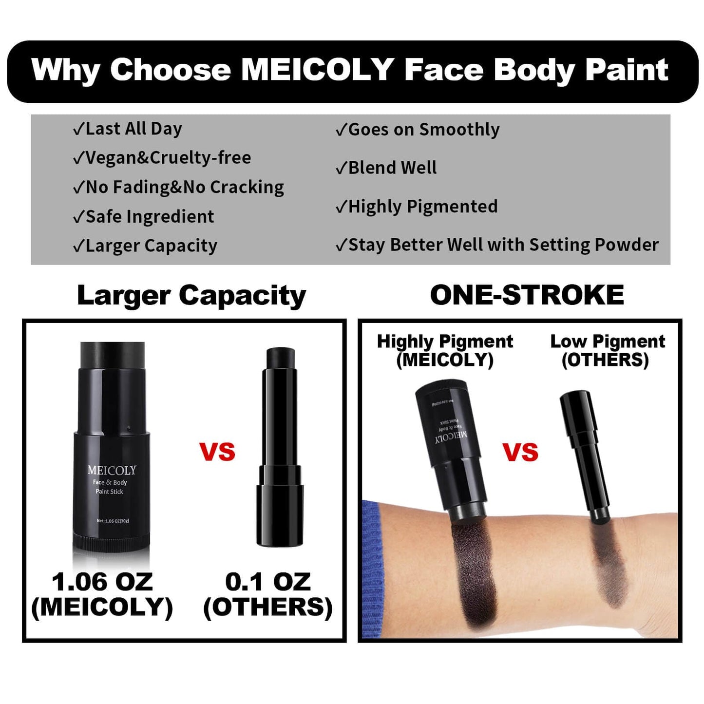 MEICOLY Devil Red Face Body Paint Stick (1.06 Oz),Sweatproof Waterproof Face Piant for Clown Joker Demon Vampire Spiderman Halloween Makeup,Cream Blendable Full Body Paint,Red Eye Black Stick