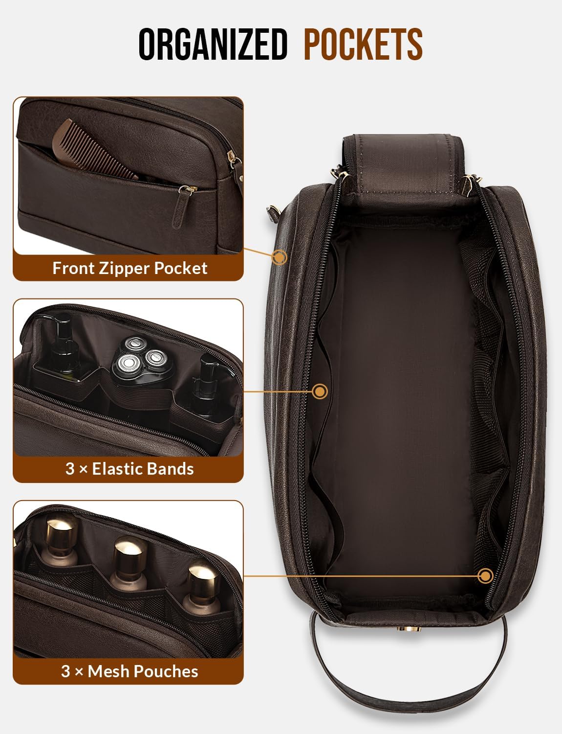 Toiletry Bag for Men - Water Resistant PU Leather Travel Organizer | Dark Brown