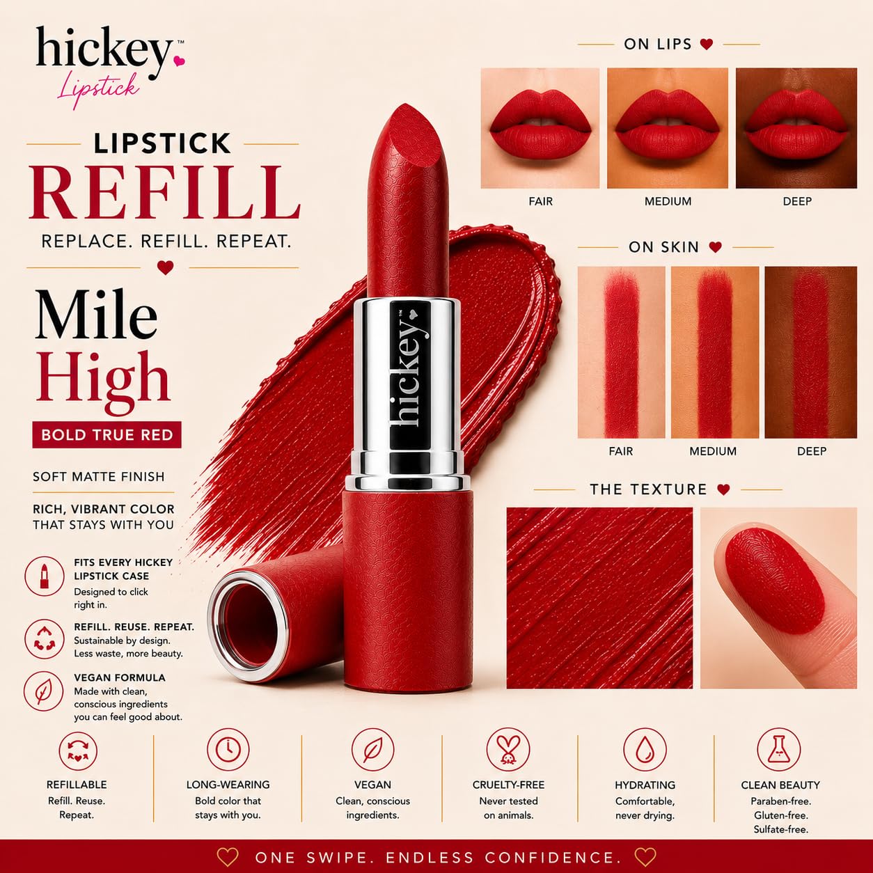 Hickey Lipstick Mile High Organic Perfect Red Lipstick Refill - Long Lasting Lipstick for Women - Hydrating & Moisturizing Shade, Best Lip Color for Women, Gluten-Free & Vegan with Highly Pigmented
