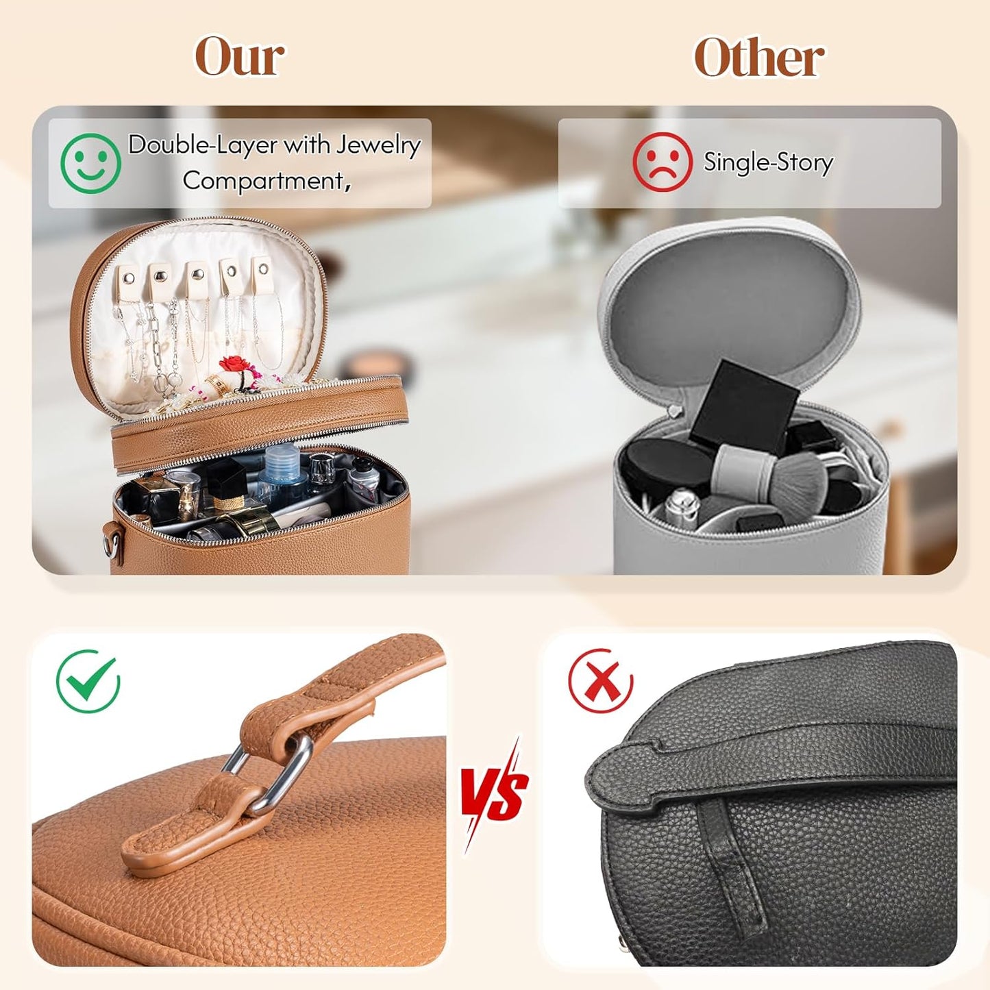 Leather Makeup Bag Organizer - Double Layer Vanity Case with Compartments | Large Capacity, Portable Travel Storage in Brown
