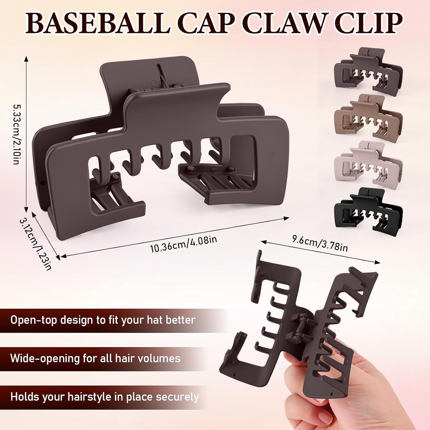 Hat-Friendly Claw Clips - Non-Slip Square Design for Baseball Caps | 4 Pcs Mixed Colors for Thick & Thin Hair
