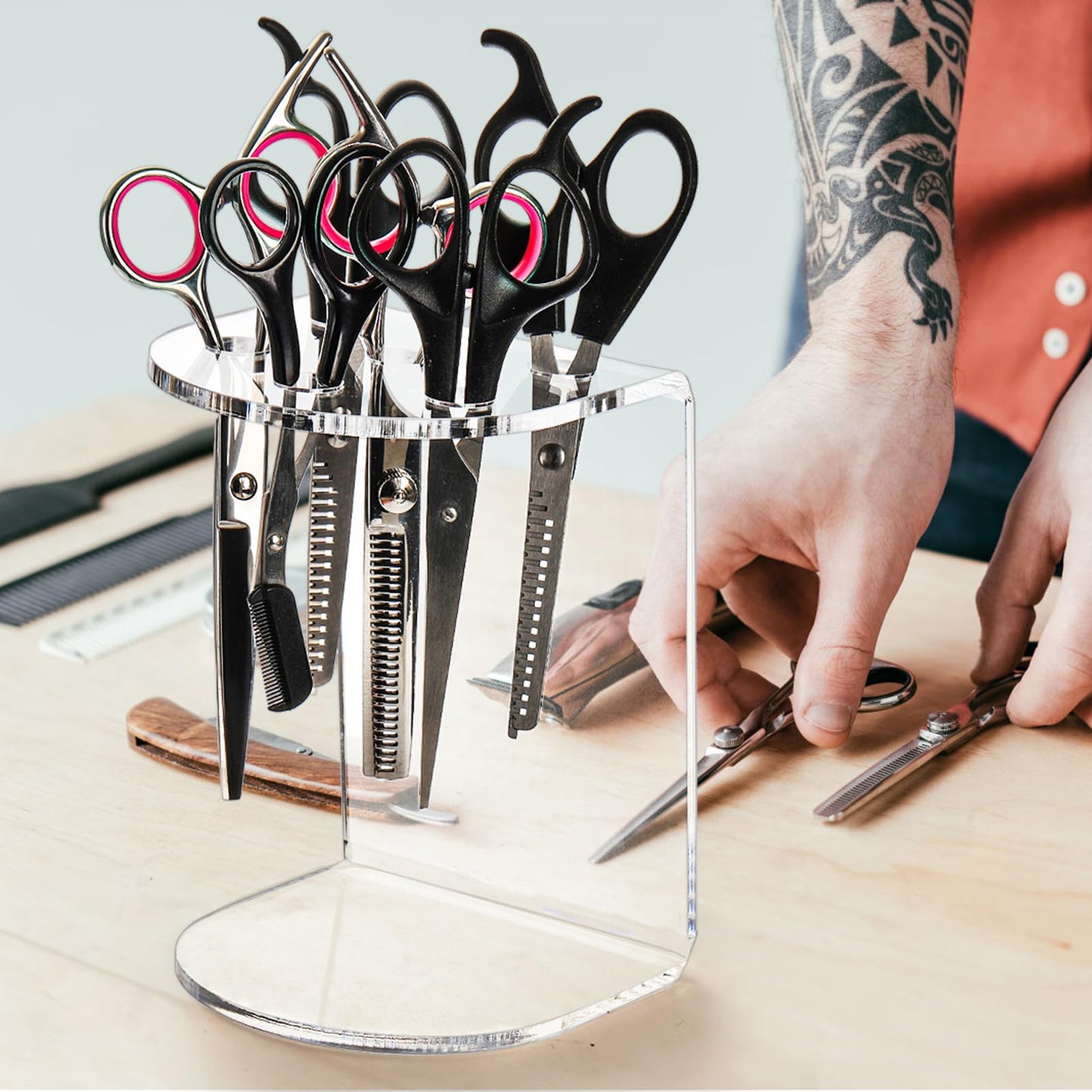 Hedume 2 Pack 6 Holes Clear Acrylic Scissors Holder Rack, Salon Shear Holder, Barber Shop Scissors Stand, Desktop Hairdresser Scissors Combs Clips Organizer