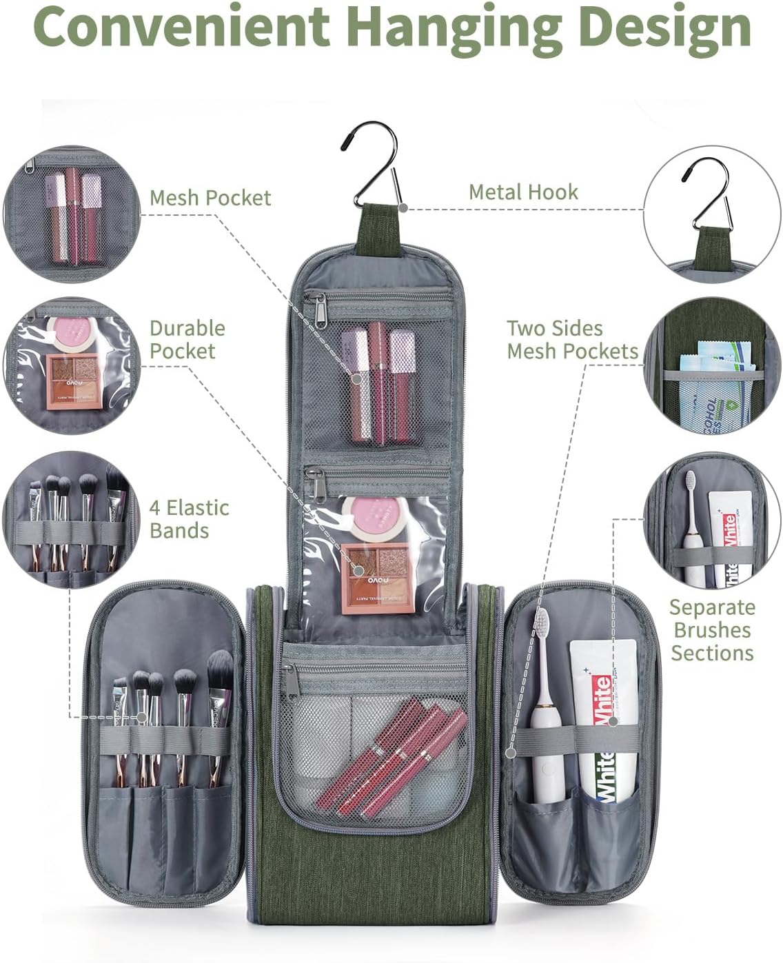 Travel Toiletry Bag - Small Hanging Cosmetic Organizer for Men & Women | Medium, Army Green