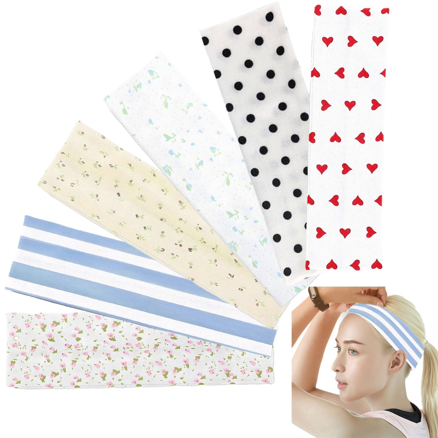 6 Pcs Anti-Slip Elastic Headbands for Women Soft Fabric Yoga Sweatbands with Floral Heart Print Stretchy, Sweat-Absorbent and Lightweight for Fitness, Running and Daily Wear