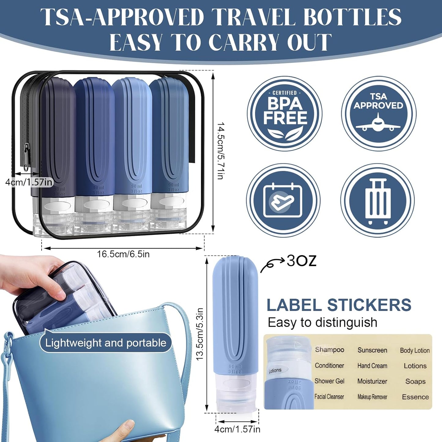 Travel Bottles for Toiletries - 3oz Silicone Leak-Proof Containers | TSA Approved, Squeezable Essentials (Blue)
