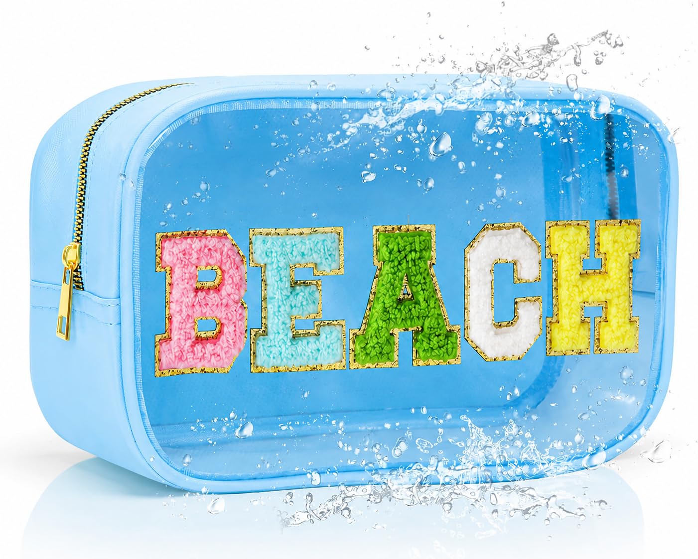 TRIP TIGER Women Clear Beach Makeup Bag with Chenille Letters-PVC Waterproof Visible Cosmetic Sunscreen Organizer for Pool, Swimming & Travel, Trendy Toiletry SPF Pouch