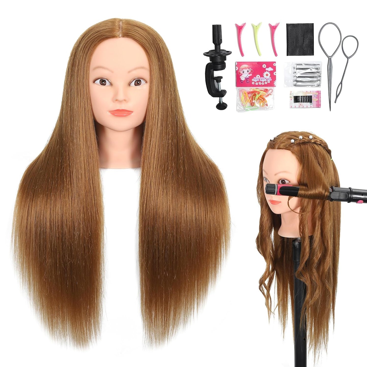 Mannequin Head - 80% Real Human Hair Cosmetology Practice Doll | 26"-28" Light Brown
