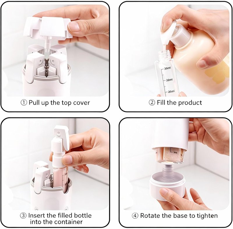 Travel Dispenser Bottle Set - 4 in 1 Refillable Leak Proof Toiletry Bottles | Light Green, 30ml Each, Compact Size
