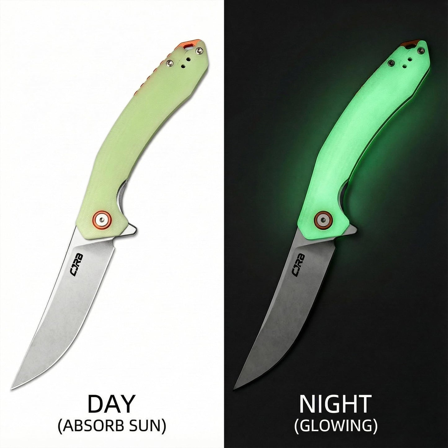 CJRB Gobi G10 Glow in the Dark Handle Folding Pocket Knife, 3.5'' AR-RPM9 Steel Blade Manual EDC Knife with Liner Lock for Outdoor Camping Hiking Fishing(J1906-GD)