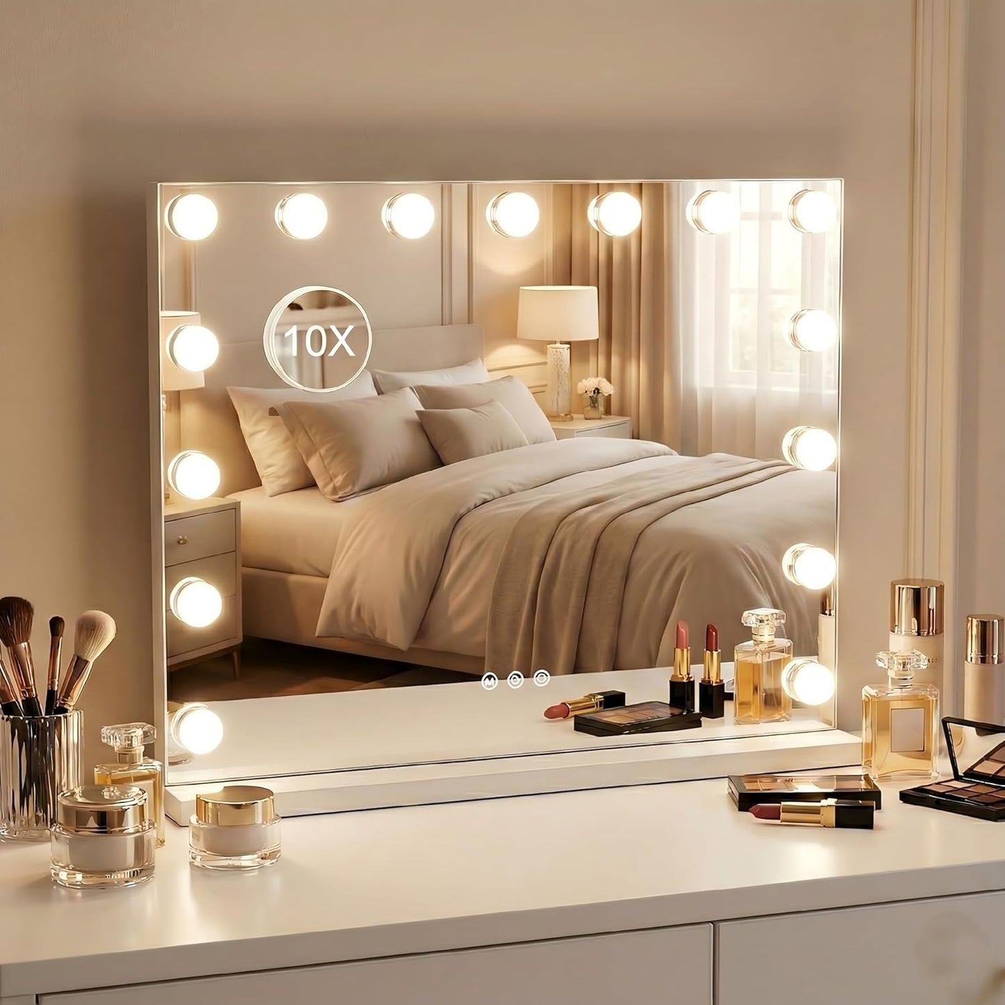 Makeup Vanity Mirror - 15 Dimmable LED Bulbs, 3 Color Lights | 23"x18" Large White Lighted Mirror with 10X Magnifying Feature