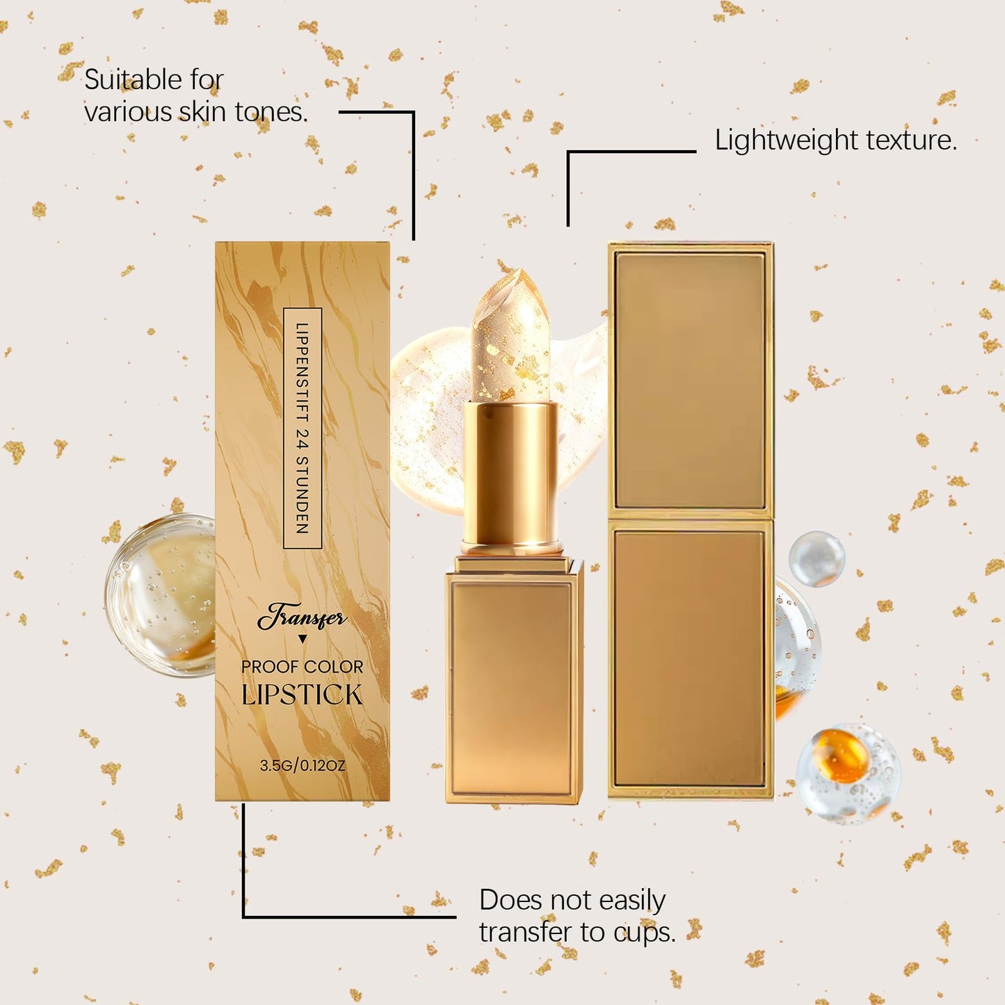 WestShiny Color Changing Lipstick for Women, 24 Hours Enduring PH Lipstick Color Changing, Gold Crystal Clear Lip Stick, Moisturizing Clear Lip Gloss - 1Pcs