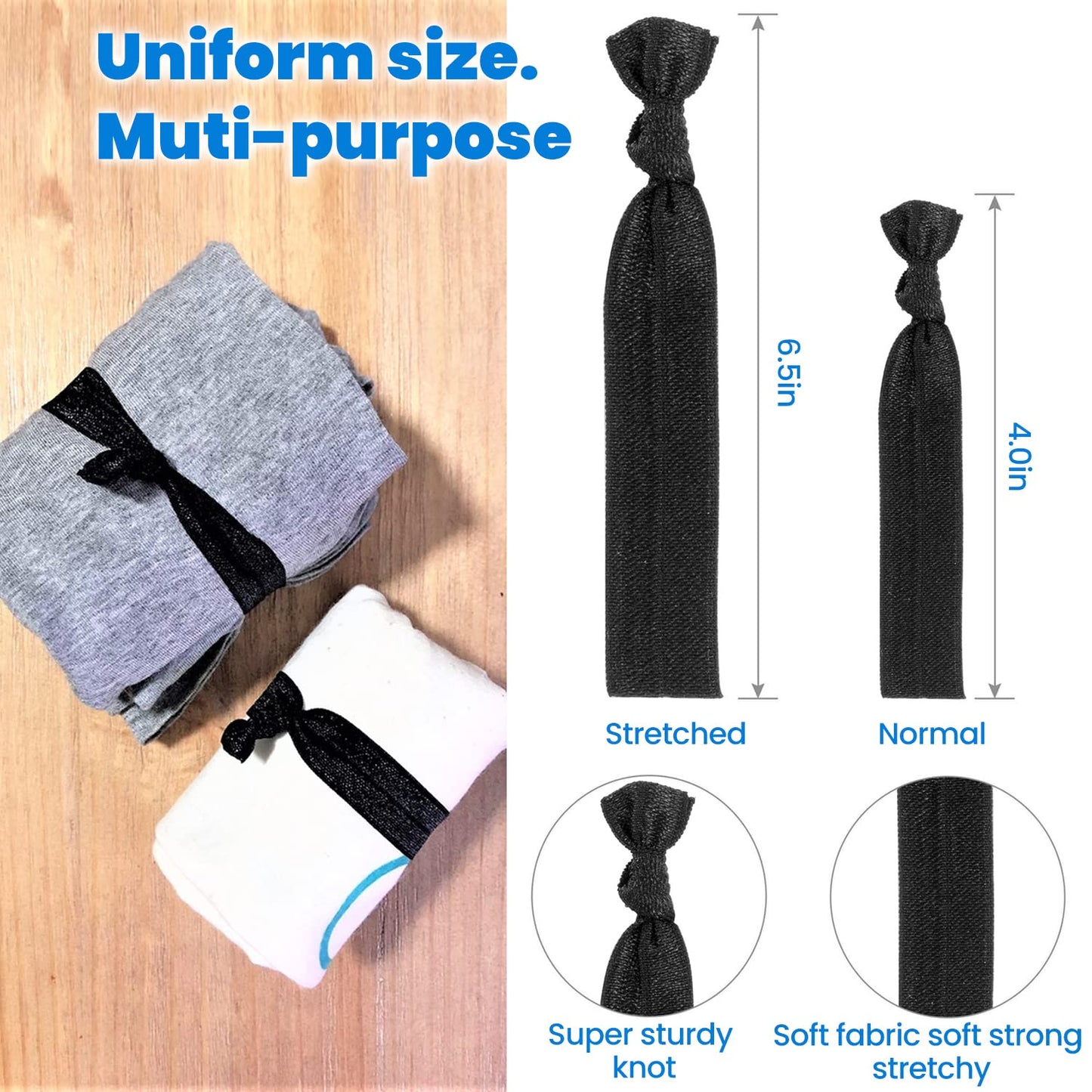 Fabric Hair Ties - No Damage Black Ribbon Flat Hair Bands | Soft Ponytail Holders for Women
