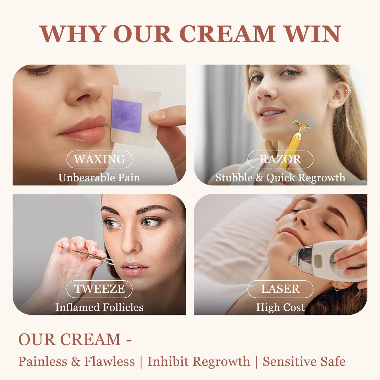 Facial Hair Removal Cream for Women Sensitive Skin - Painless Depilatory Cream for Face Upper Lip Chin & Cheeks with Spatula, 5-Minute At-Home Hair Remover for Pubic, 1.68 Fl Oz