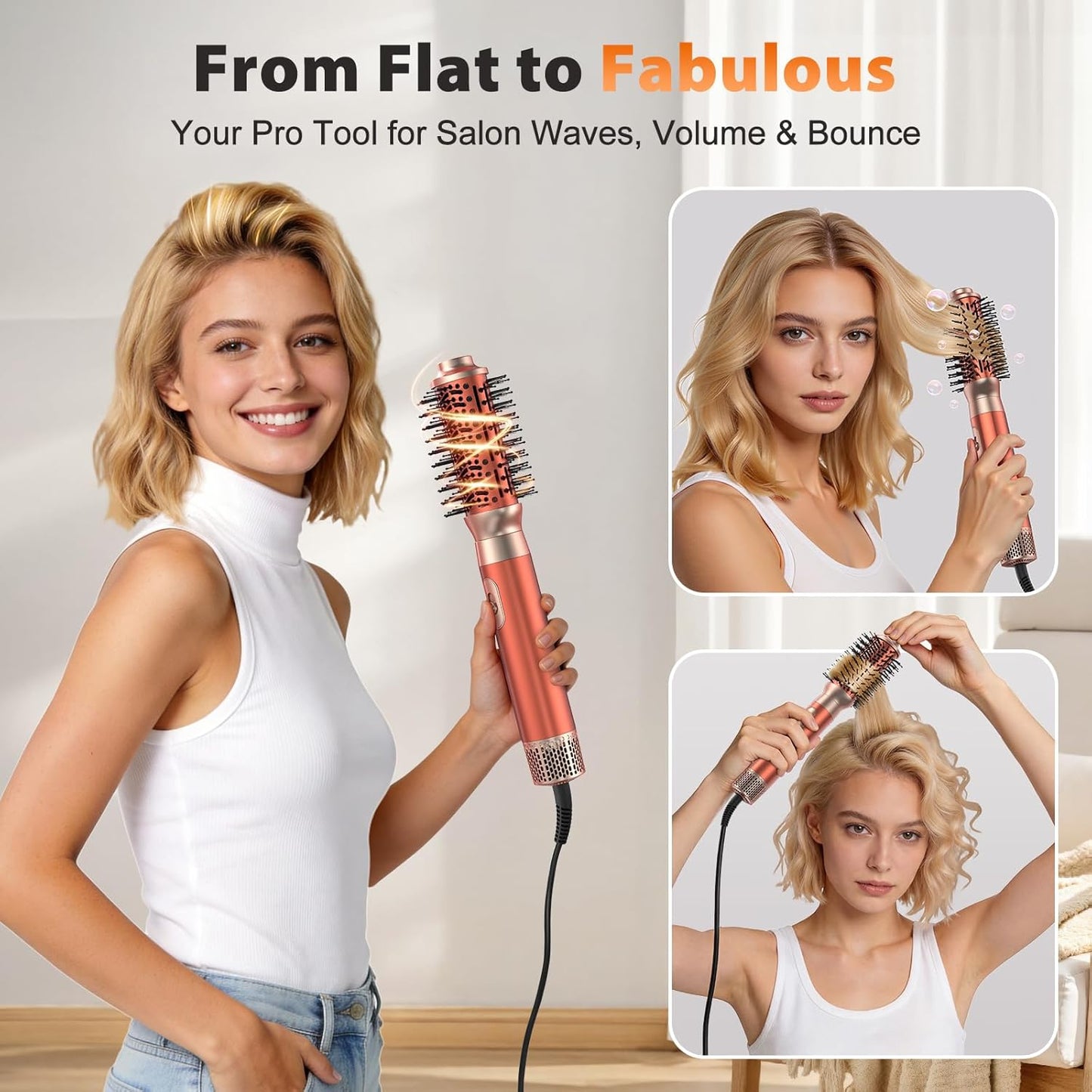 5 in 1 Blow Dryer Brush Set - Upgrade Your Hair Styling with High-Speed Hot Air Brush, Curling & Paddle Features | Travel-Friendly Amber