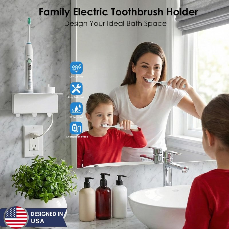 OAPRIRE Electric Toothbrush Holder for Bathroom, Acrylic Electric Toothbrush Holder Wall Mounted Come with Cable Organizer, Saving Space and Convenient Charging - White