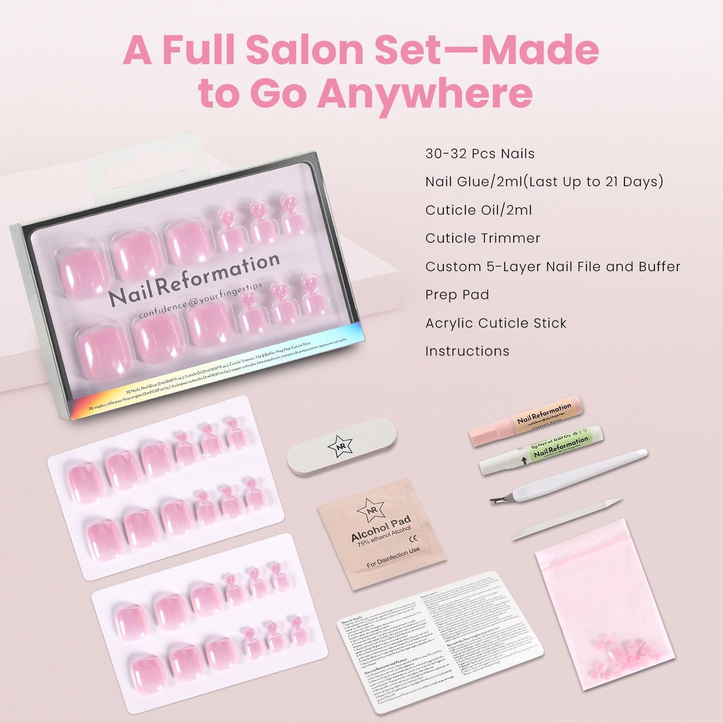 Nail Reformation Press On Toenails, Velvet Peony | Mauve Purple Short Square Fake Toe Nails with Glossy Shimmer Finish, Reusable Pedicure Kit for Summer Sandals - 32 Pcs / 16 Sizes, Gifts for Women