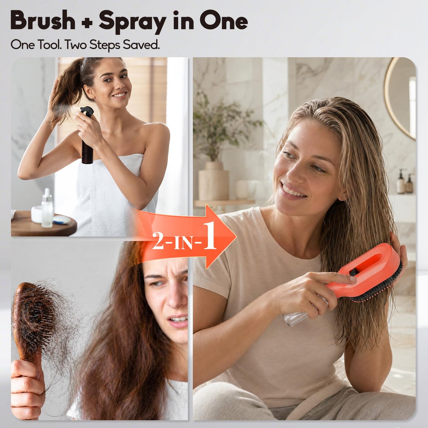 Water Spray Hair Brush with Fine Continuous Mist, Detangling & Smoothing Hair Brush for Frizz, Static & Flyaway Hair, Wet or Dry Hair Styling Brush for Women, Orange