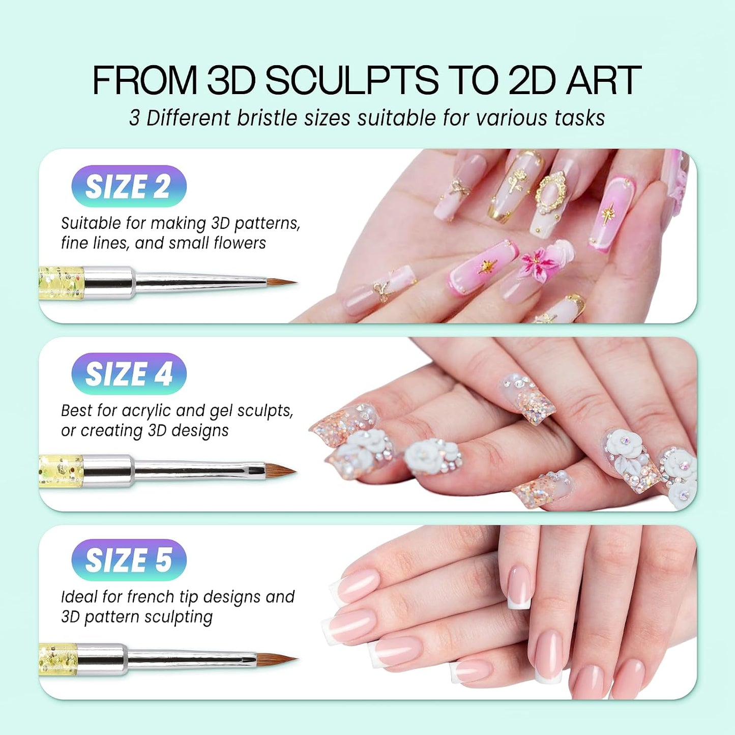 Kolinsky 3D Acrylic Nail Brushes - Liquid Glitter Handle for Professional Manicure | Rainbow Color, Size #4