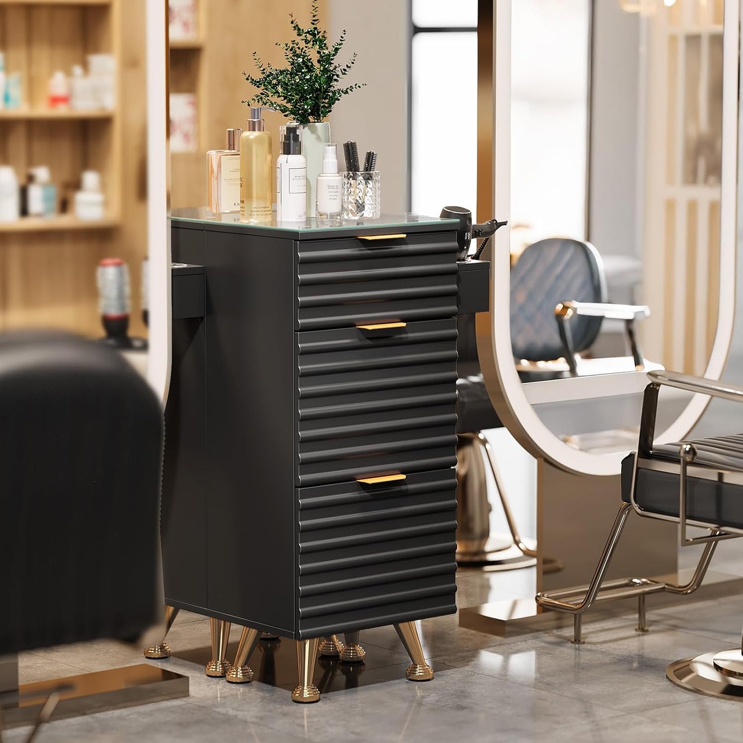 Professional Salon Station - Tempered Glass Top, 3 Drawers, Heat Resistant Tool Holders | Black Barber & Stylist Storage Cabinet
