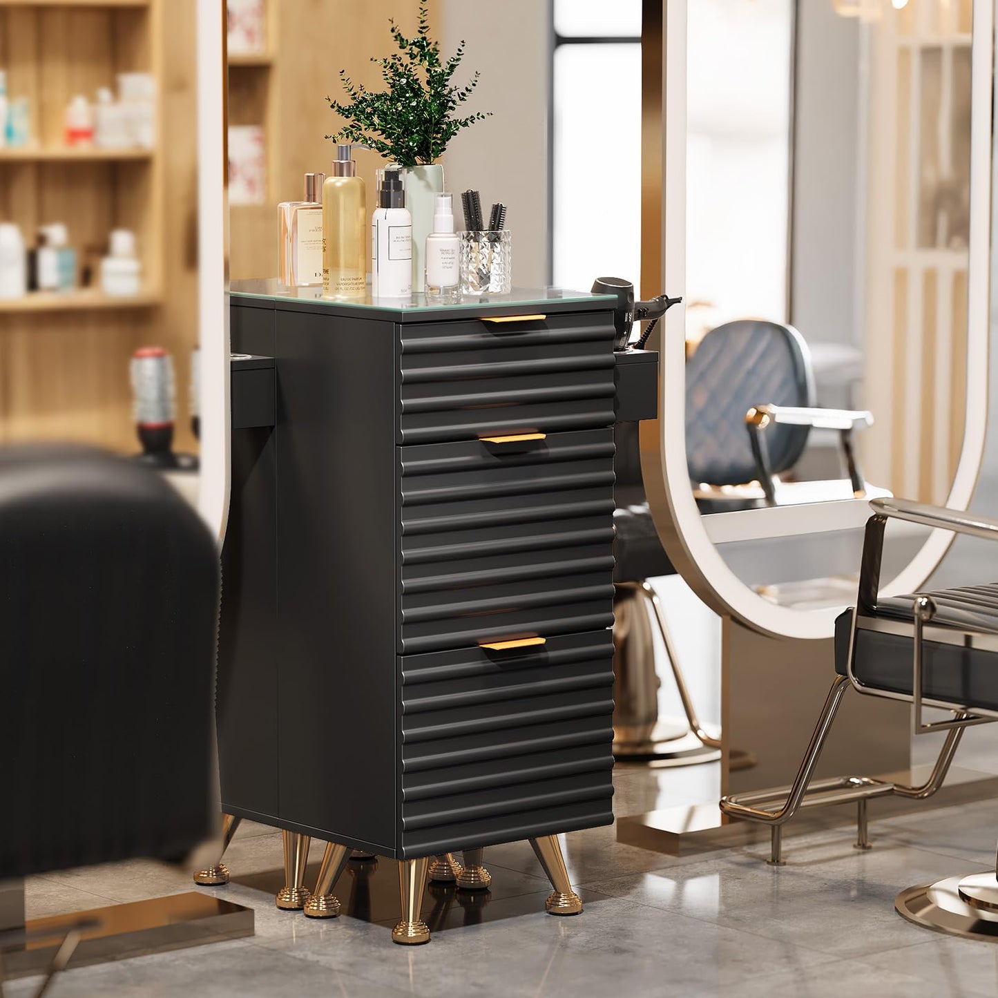 OmySalon Salon Stations for Hair Stylist, Barber Station with Glass Top & Drawers & Hot Tool Holder, Salon Storage Cabinet Hair Organizer Equipment for Beauty Spa, Black