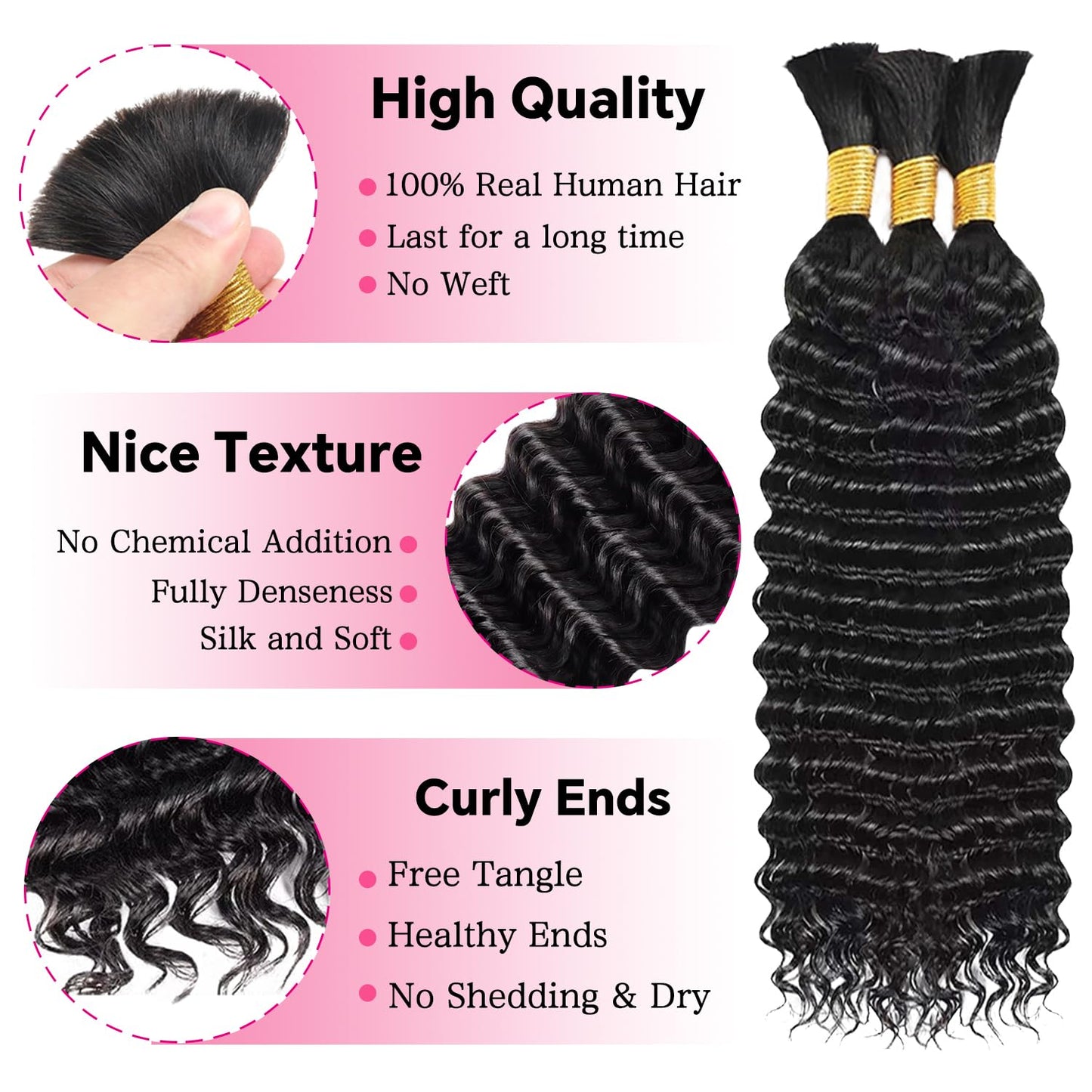 22 Inch Human Braiding Hair - Boho Deep Wave Bulk Brazilian Virgin Hair | 3 Bundles, 110g, Natural Color