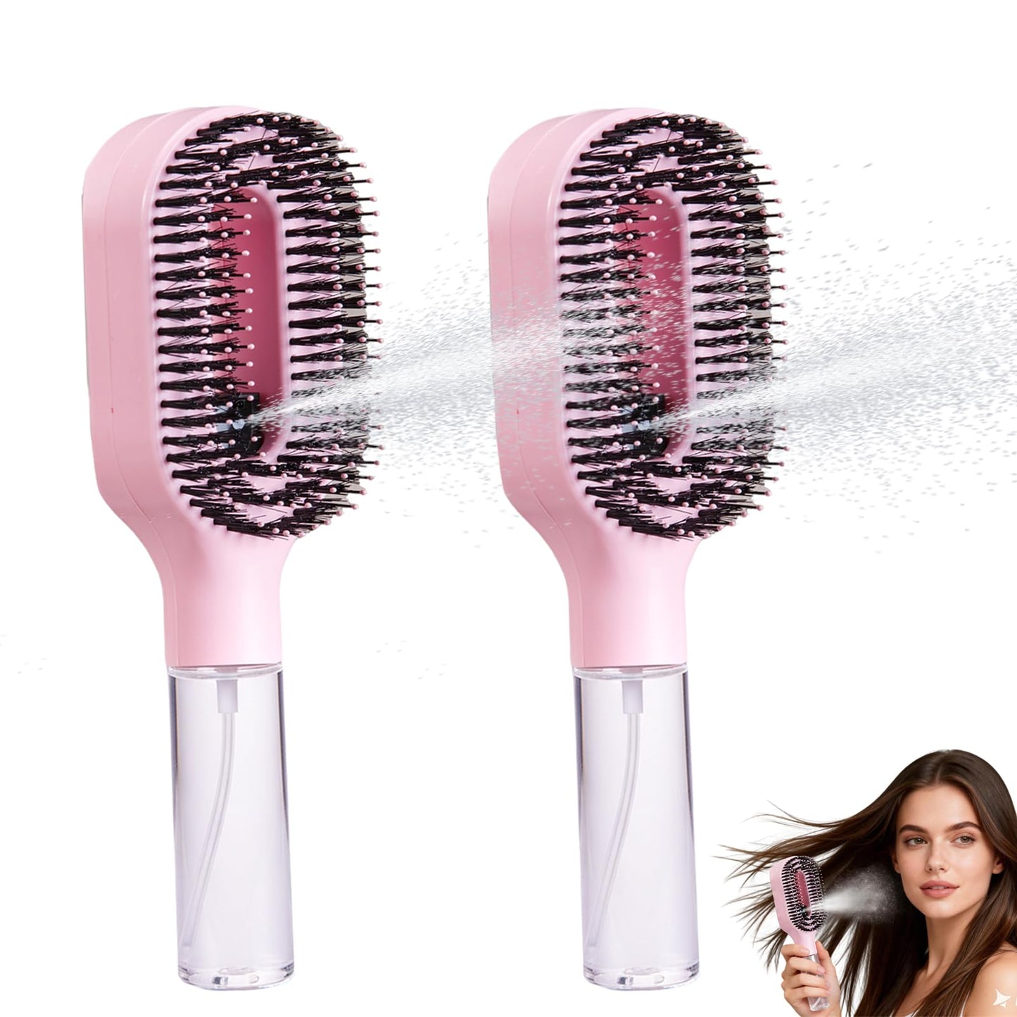 Hair Brush with Water Spray, 2-in-1 Detangling Tool for Frizz Control, Works on Wet & Dry Strands, Portable Mist Comb for Thick, Curly & Fine Textures(2pcs pink)