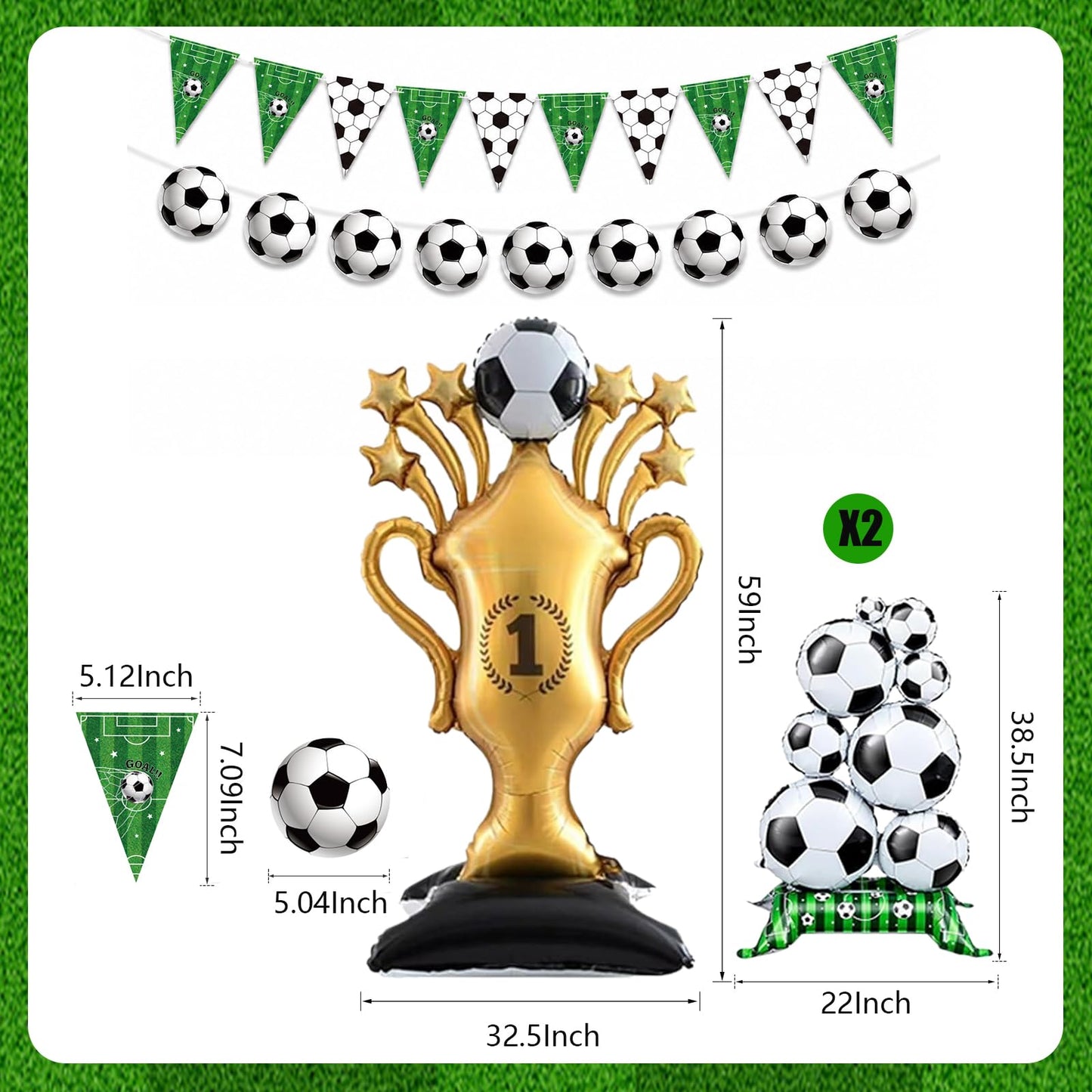 Dingpanxing 5PCS Soccer Party Decorations - 59" Trophy Balloon, Soccer Ball Foil Balloons, Pennant Banner for Birthday, Game Day, 2026 World Cup, Football Themed Party Supplies