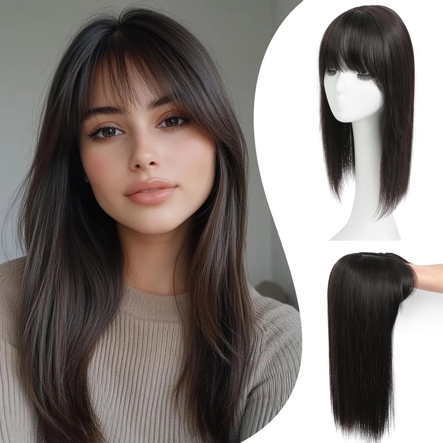 Hair Toppers for Women - Realistic Bangs & Scalp Coverage | 16-Inch Synthetic Wiglet for Thinning Hair, 6.5"x6.5" Size