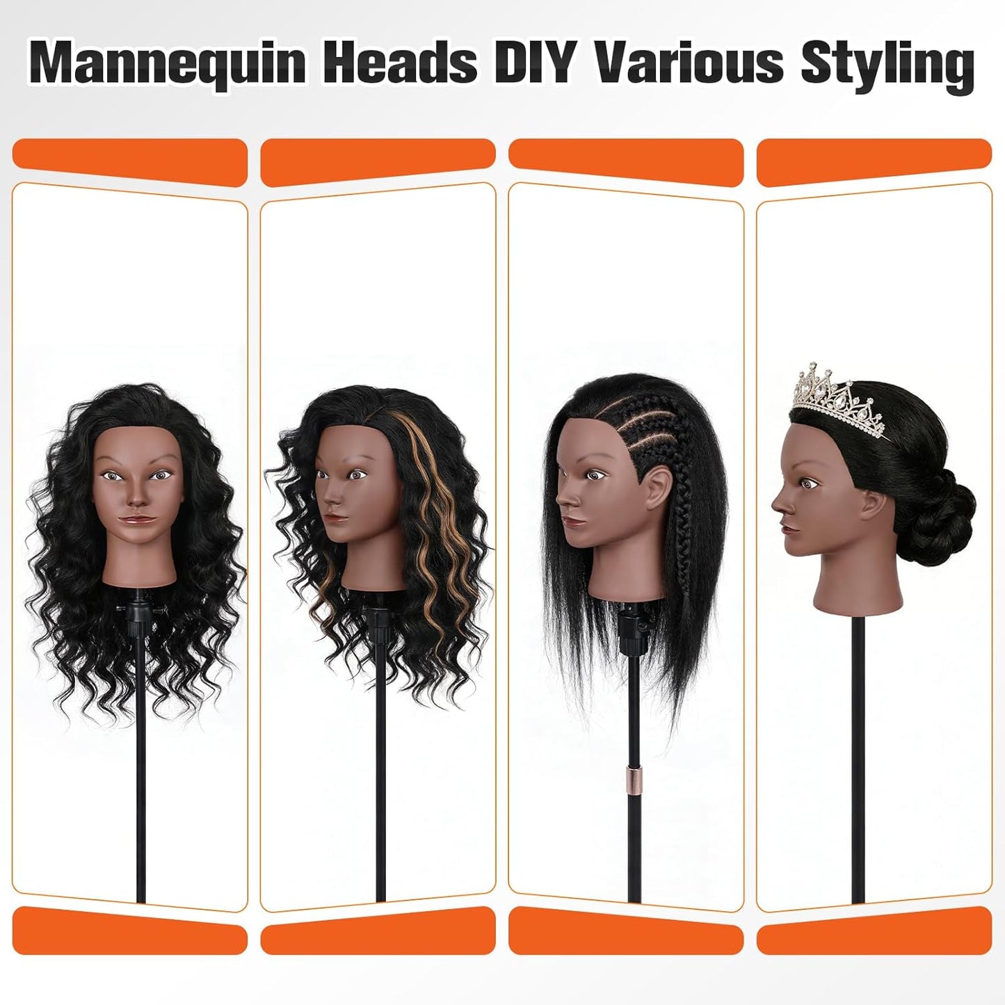 Mannequin Head - 100% Human Hair Cosmetology Training Doll for Hair Styling | 16-Inch with Clamp Holder (Black)