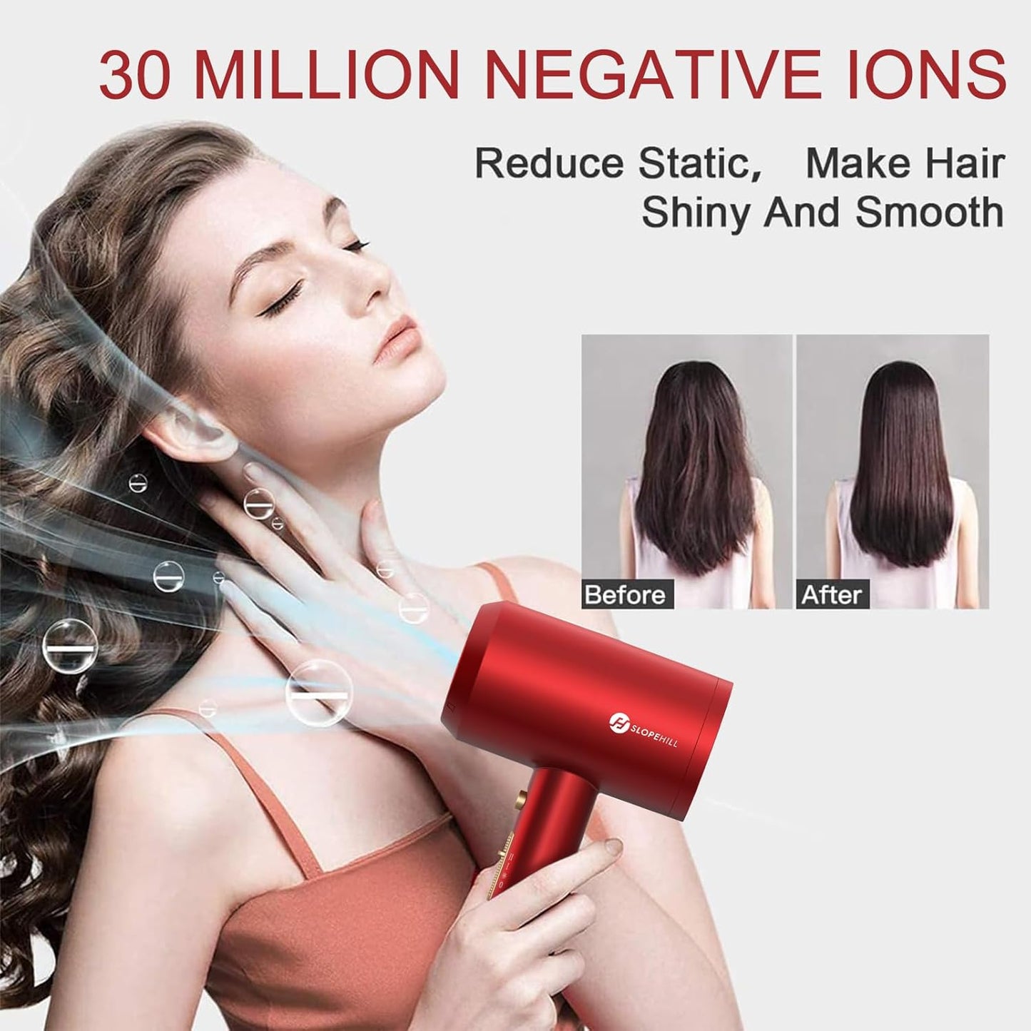 Ionic Hair Dryer - Powerful 1800W Fast Drying with Low Noise | 2 Concentrator Nozzles & 1 Diffuser - Agate Red