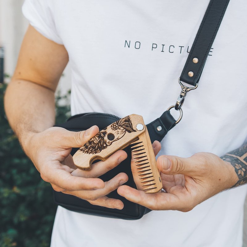 Beard Comb Personalized Gifts Anniversary Gift Wooden Brush Custom Comb Groomsmen Gift Hair Brush Pocket Brush Birthday Gift for Boyfriend (Walnut, Half Skull)