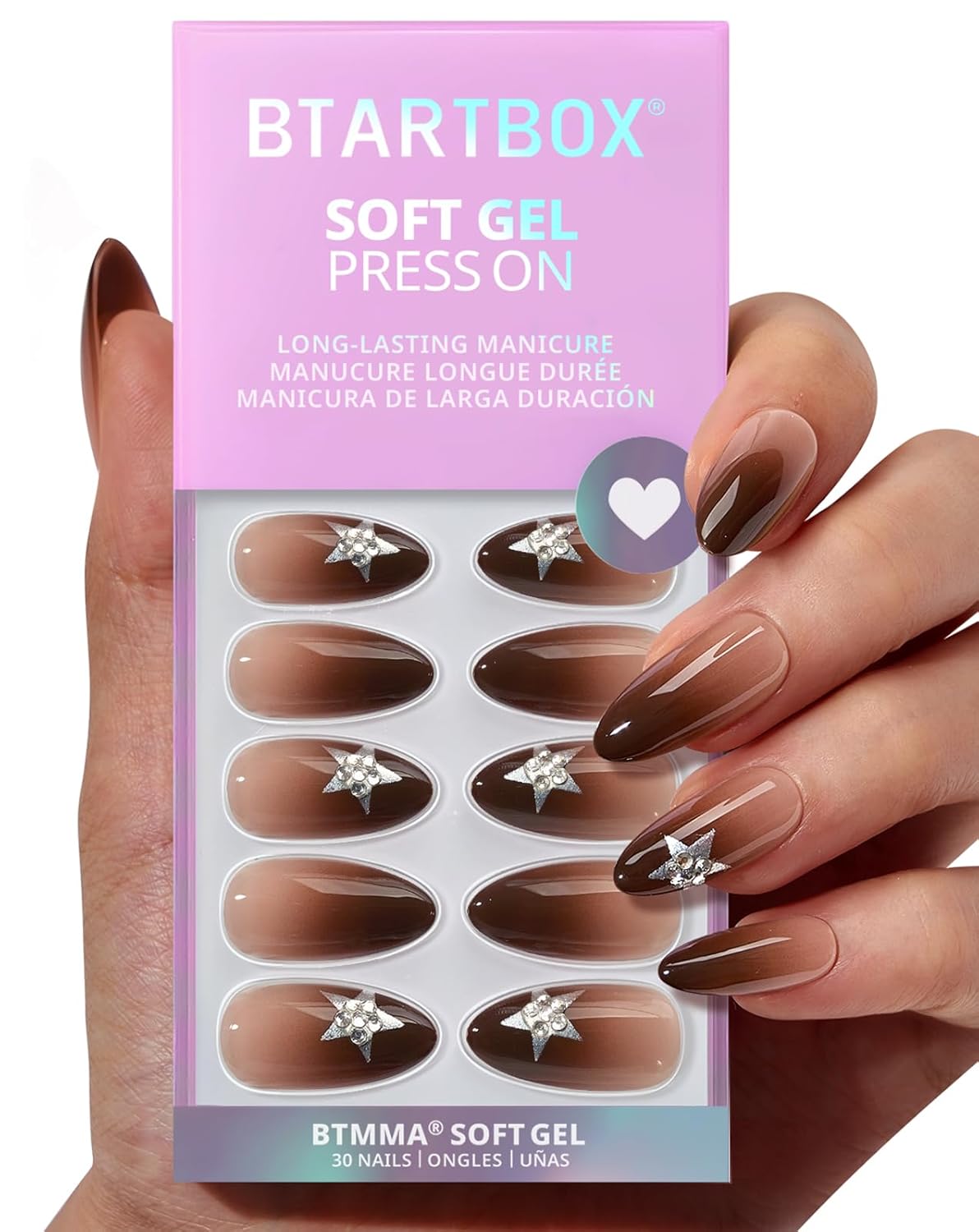 French Tip Press On Nails - Chrome Short Almond Design | Semi-Transparent Soft Gel, 16 Sizes, 32 Piece Kit