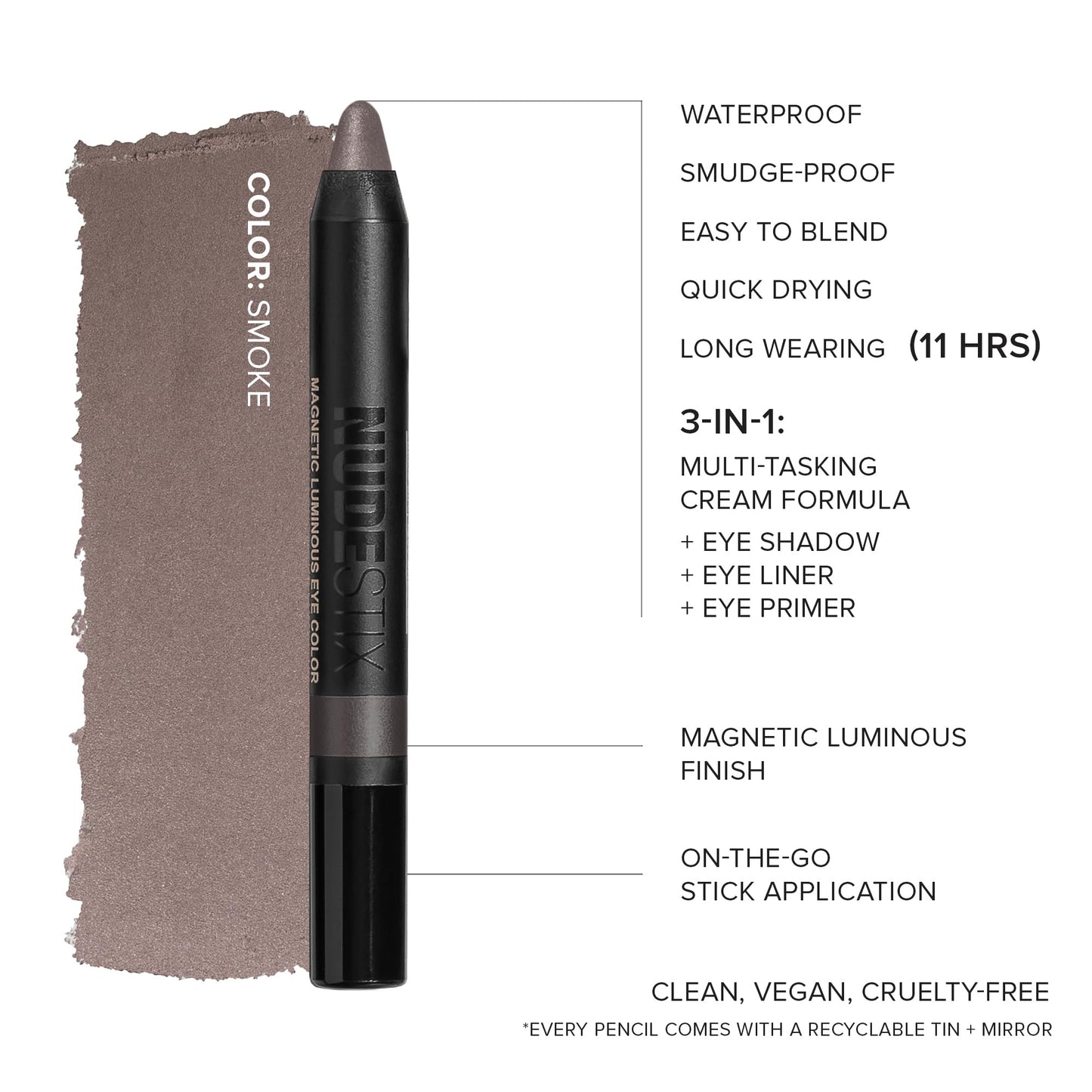 Nudestix Magnetic Luminous Eye Color – 4-in-1 Cream Eyeshadow Stick, Eyeliner, Primer & Highlighter | Long-Wear, Waterproof Satin Finish | Vegan & Cruelty-Free Eye Makeup, Shade: Smoke