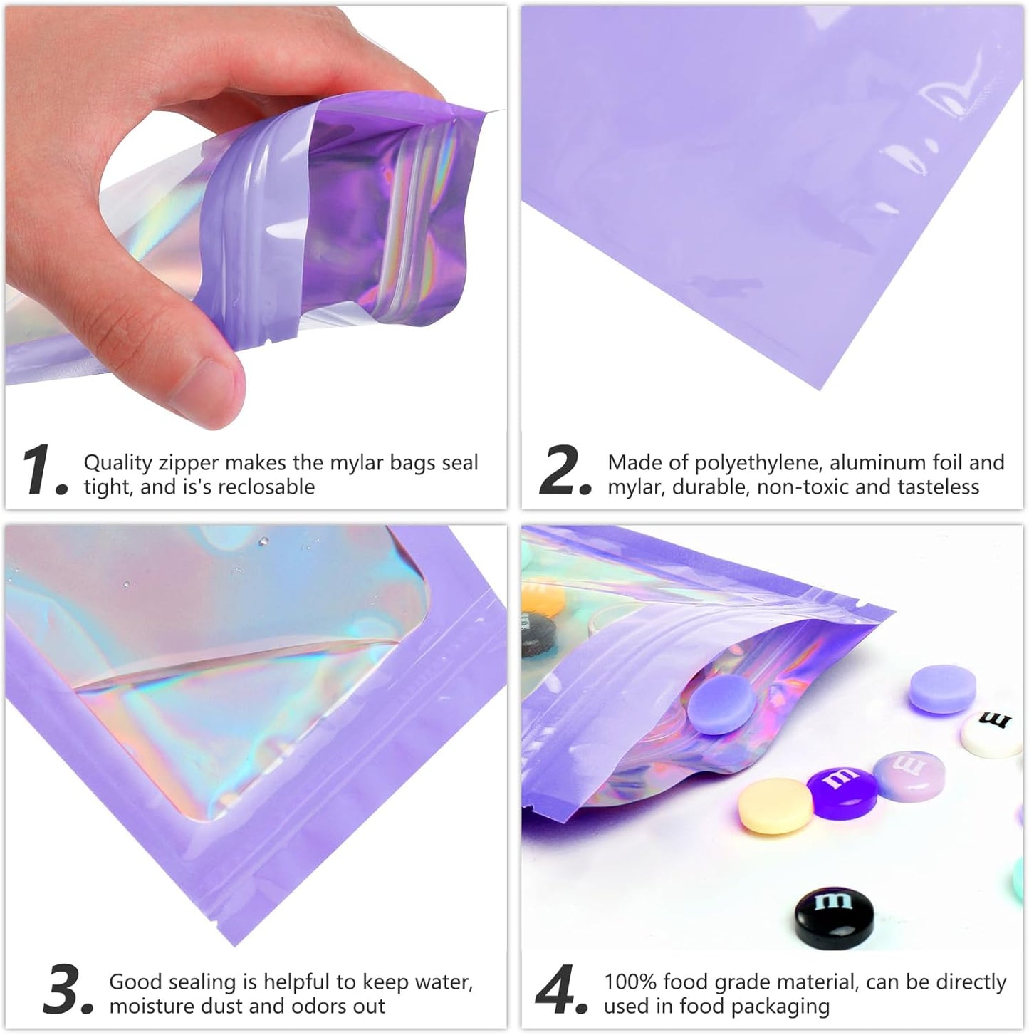 Purple Smell Proof Mylar Holographic Bags - 100 Pcs Resealable Odor Proof Foil Pouches for Food Storage | 2.4x3.9 In
