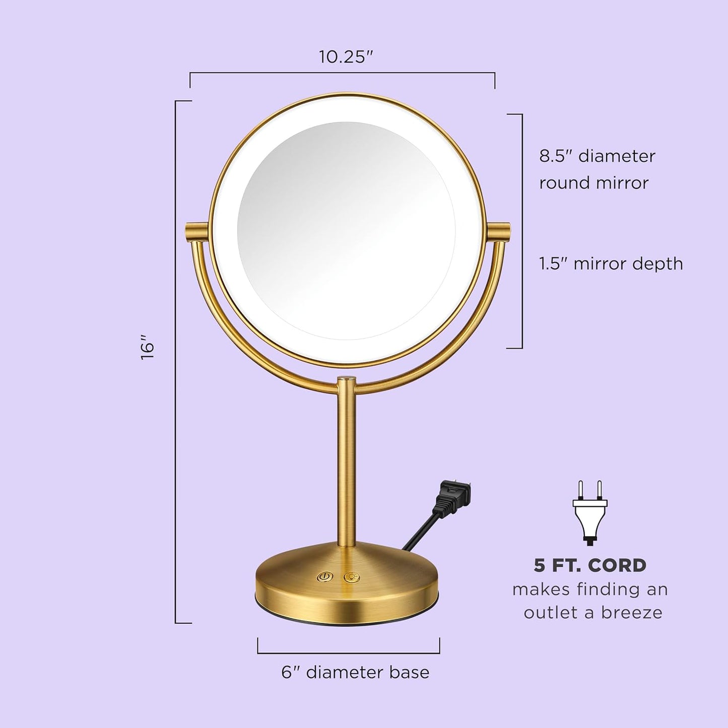 Conair Lighted Makeup Mirror - Double-Sided LED Vanity Mirror with 1X/10X Magnification & 3 Light Settings | Brushed Brass Finish