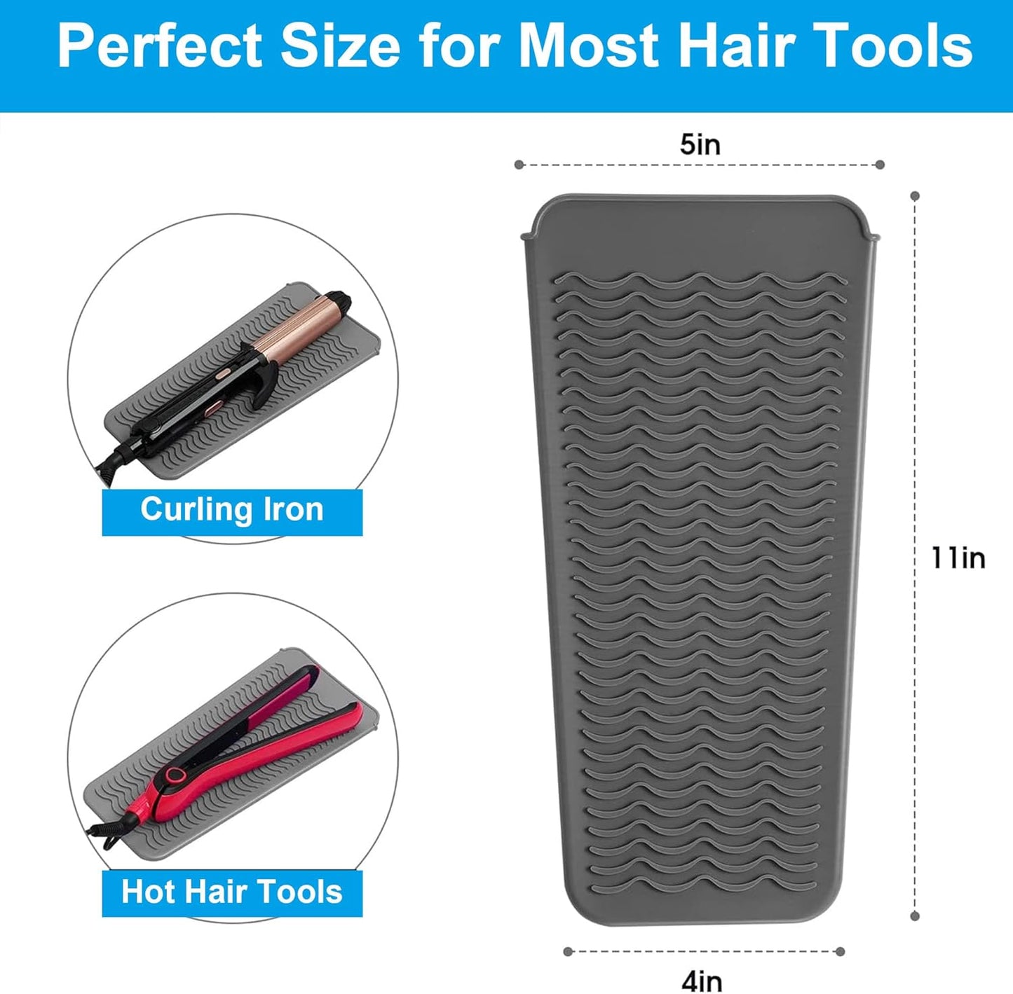 Silicone Heat Resistant Mat for Hair Tools - Curling Iron & Flat Iron Pad | Portable Travel Pouch, Grey