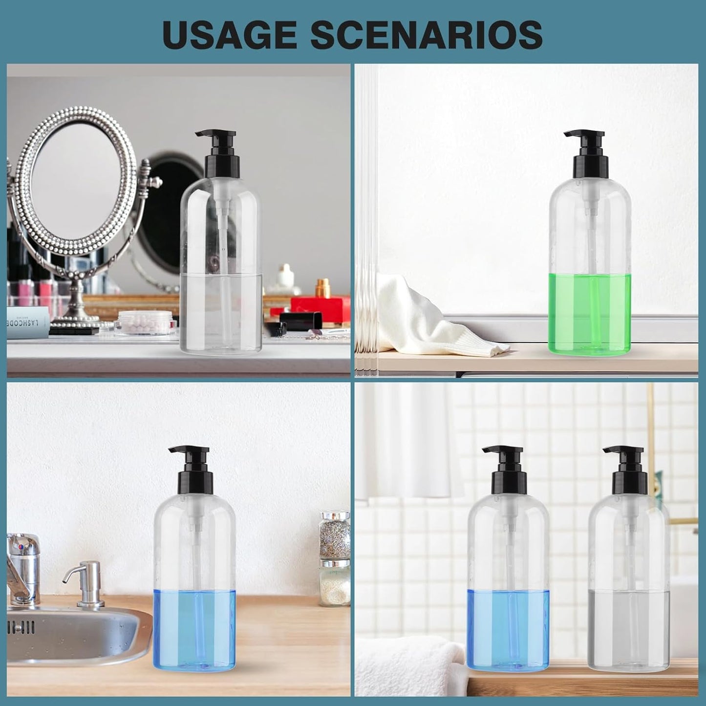 Refillable Pump Bottles - Clear Plastic Dispenser for Shampoo & Liquid Soap | 2 Pack