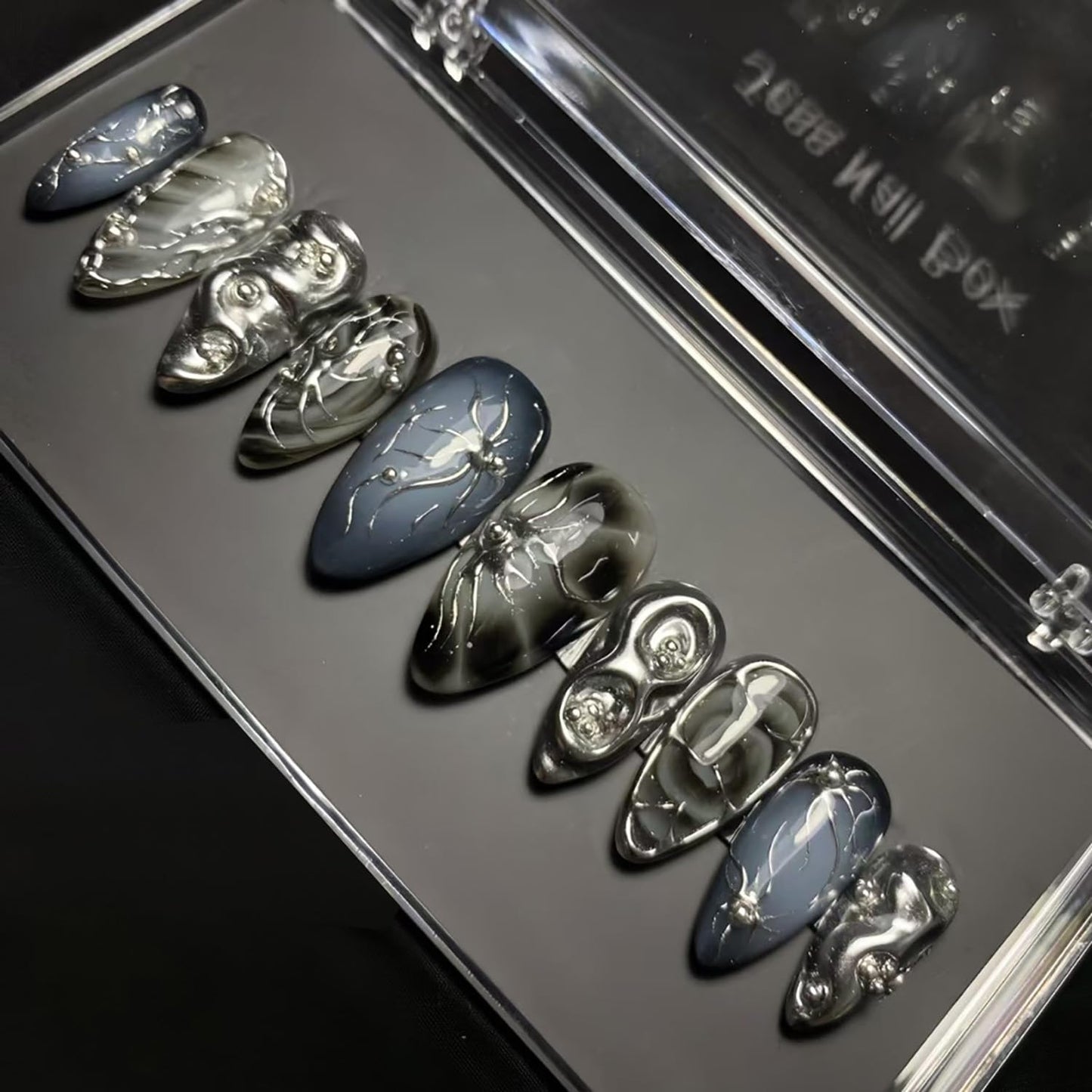 Goth Press-On Nails - 30 Pcs Medium Almond Shape | 3D Silver Alloy Glitter Design, Reusable Black Acrylic Full Cover