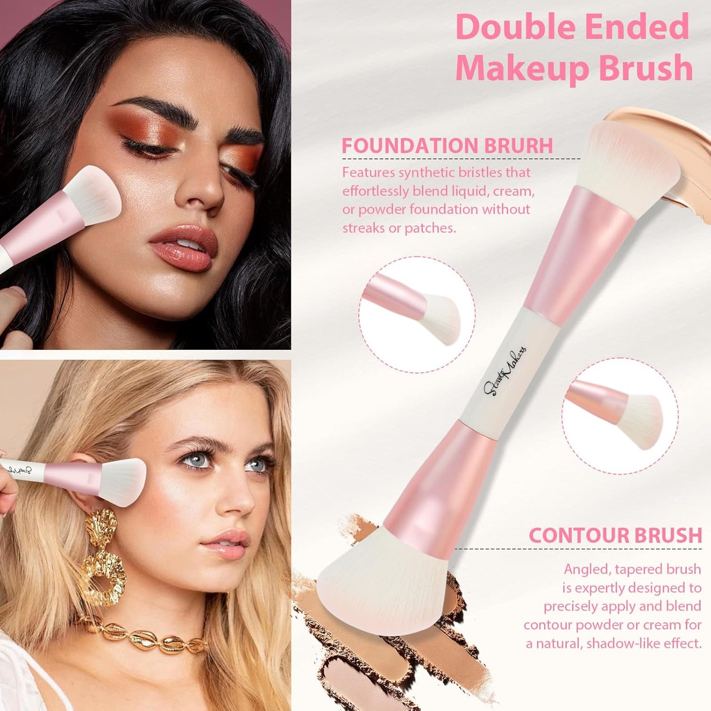 Makeup Brushes Set - 5-Piece Dual-Ended Pink Brush Set for Foundation, Blush, Contour & Eyeshadow | Travel-Friendly with Bag